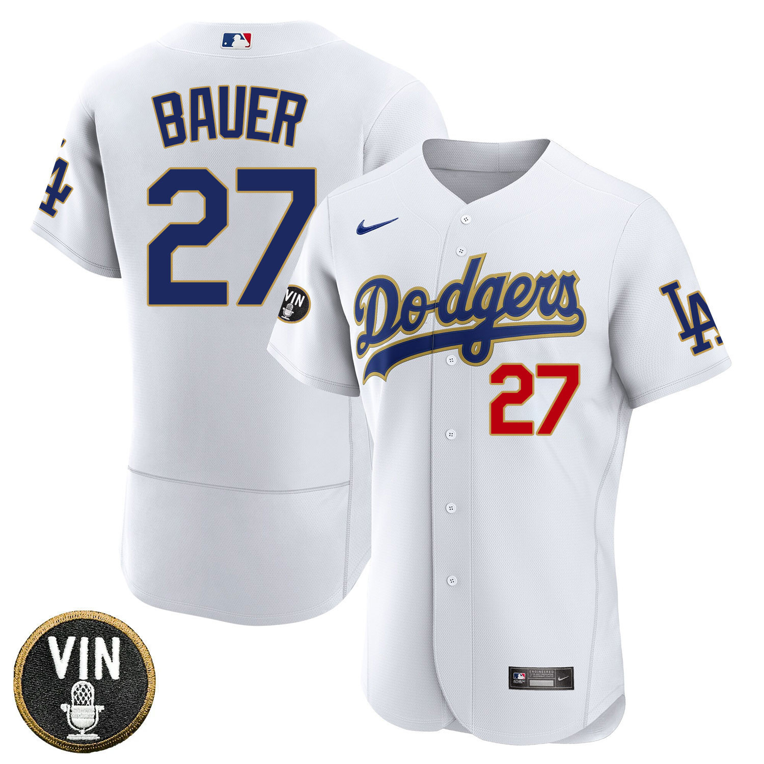 Trevor Bauer Los Angeles Dodgers Vin Scully Patch Gold Trim Player - White Jersey - All Stitched