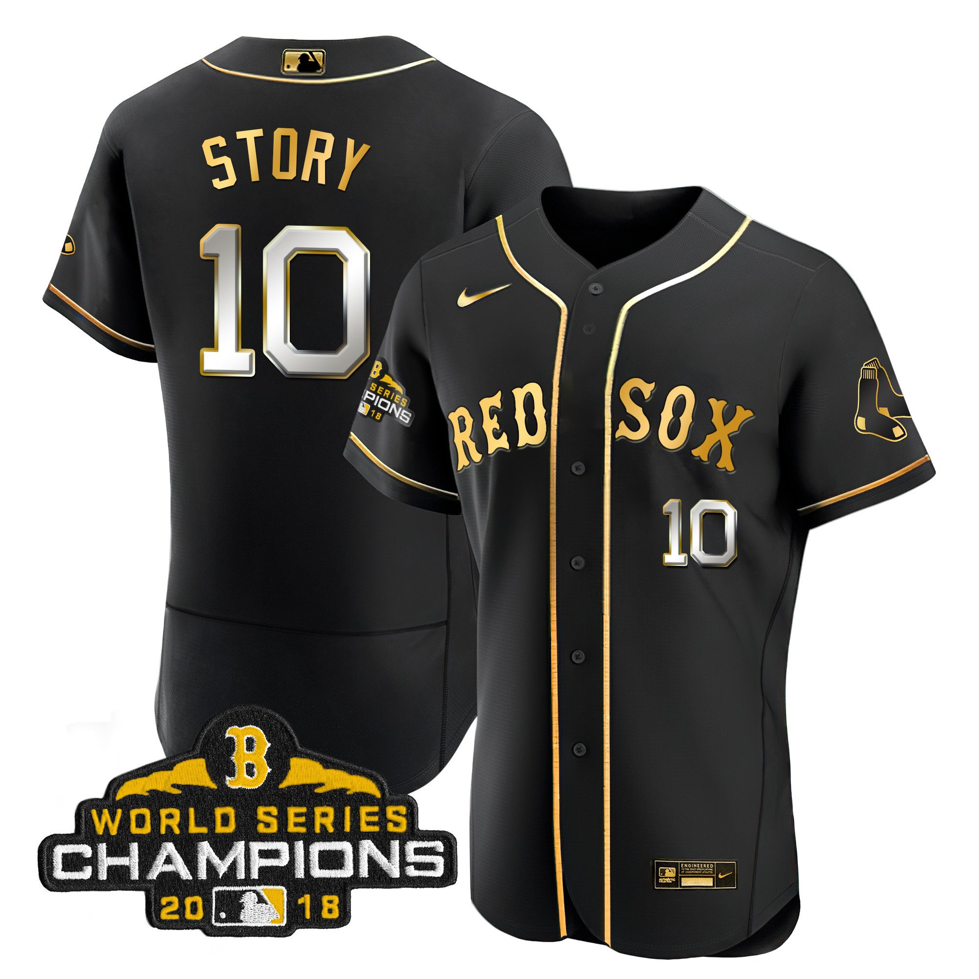 Trevor Story Men Boston Red Sox World Series Champion 2018 Gold Flex Black Jersey - All Stitched