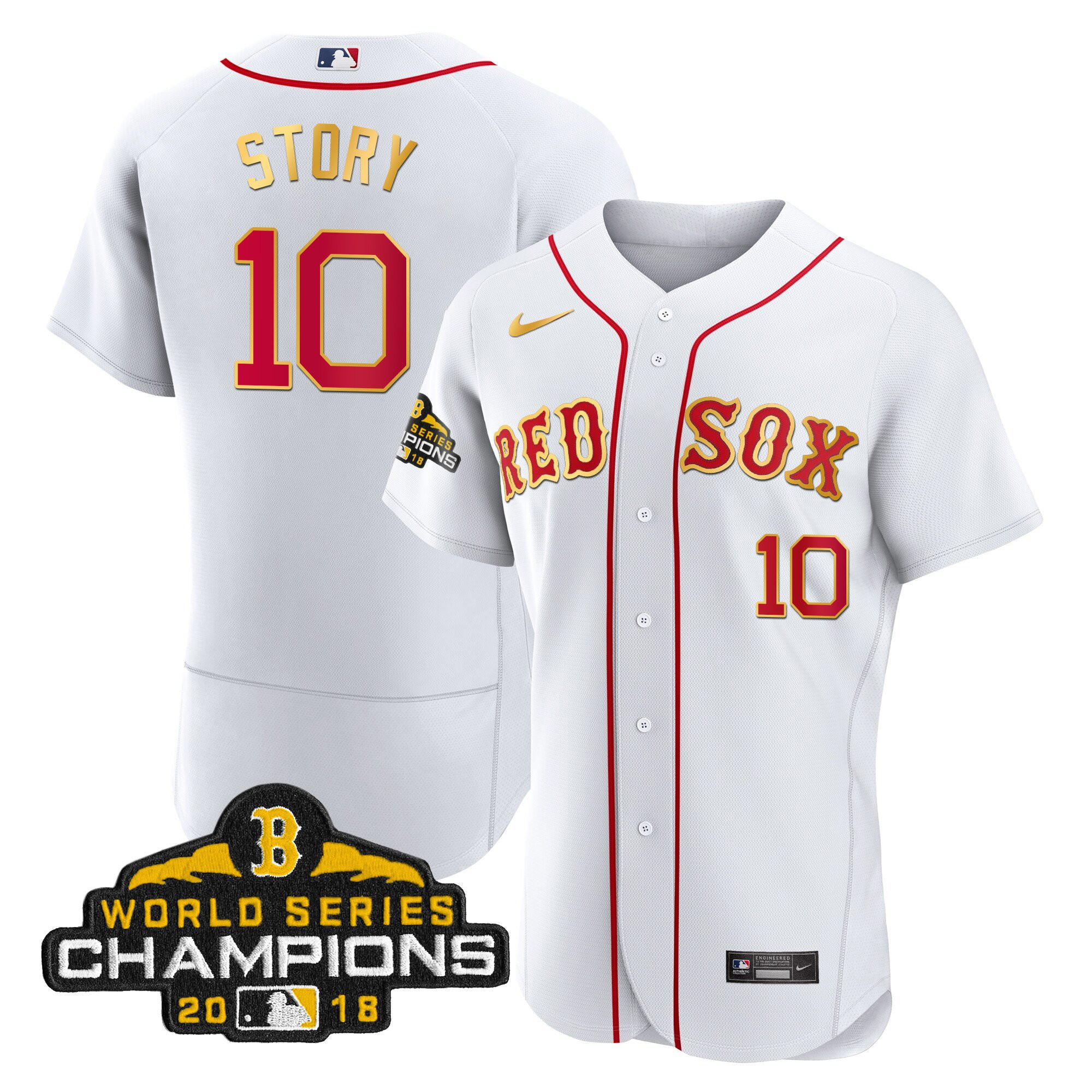 Trevor Story Men Boston Red Sox World Series Champion 2018 Gold Flex White Jersey - All Stitched
