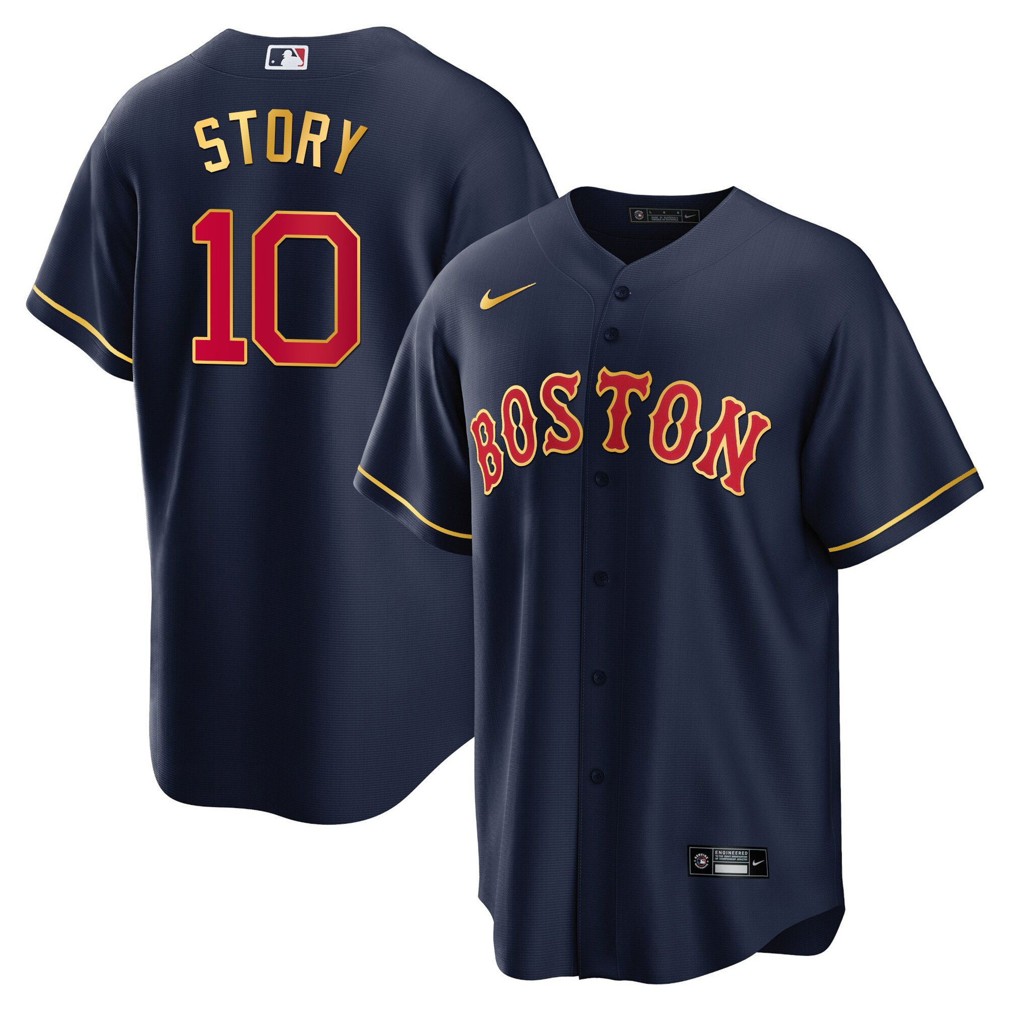 Trevor Story Men's Boston Red Sox Gold Trim Cool Navy Jersey - All Stitched