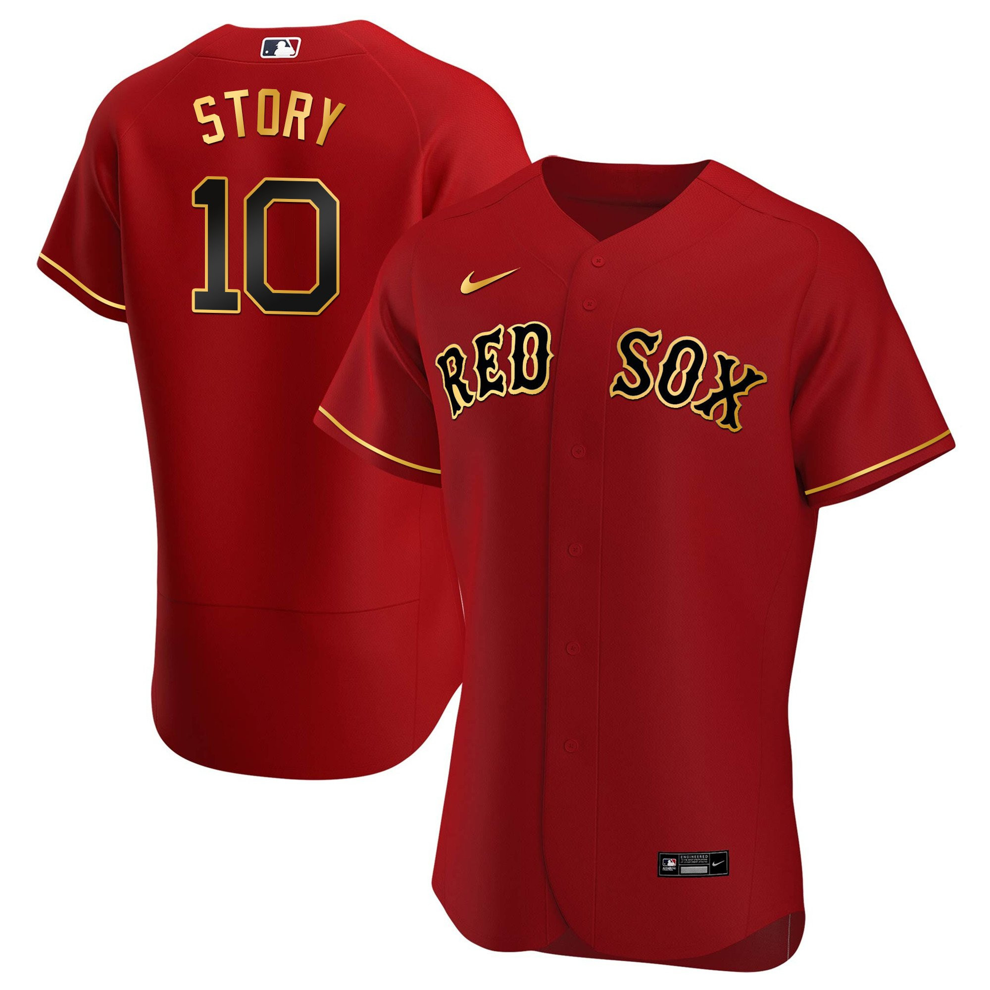 Trevor Story Men's Boston Red Sox Gold Trim Flex Red Jersey - All Stitched