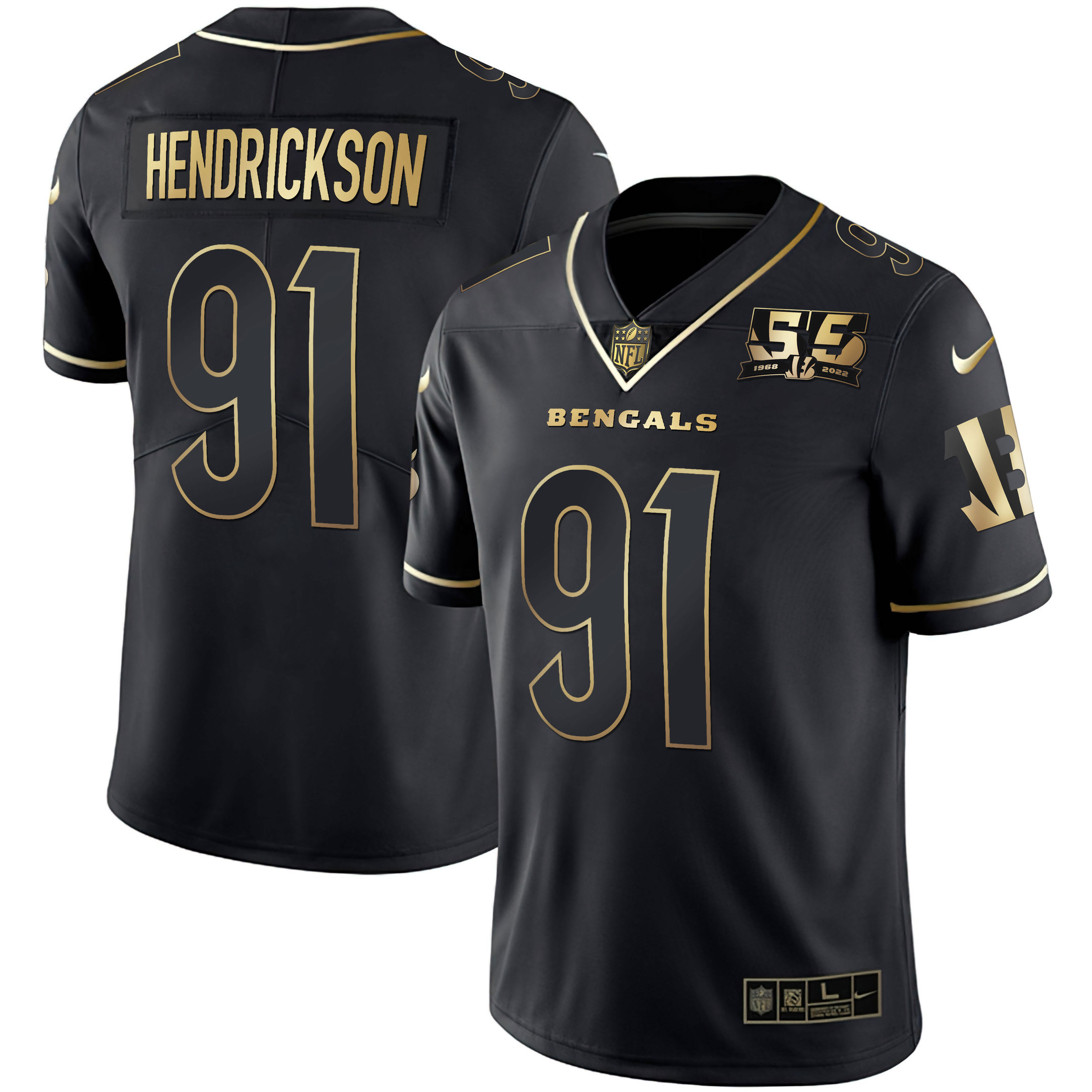Trey Hendrickson Men's Cincinnati Bengals 55th 1968 - 2022 Anniversary Patch White Gold & Black Gold Black Gold Jersey - All Stitched 