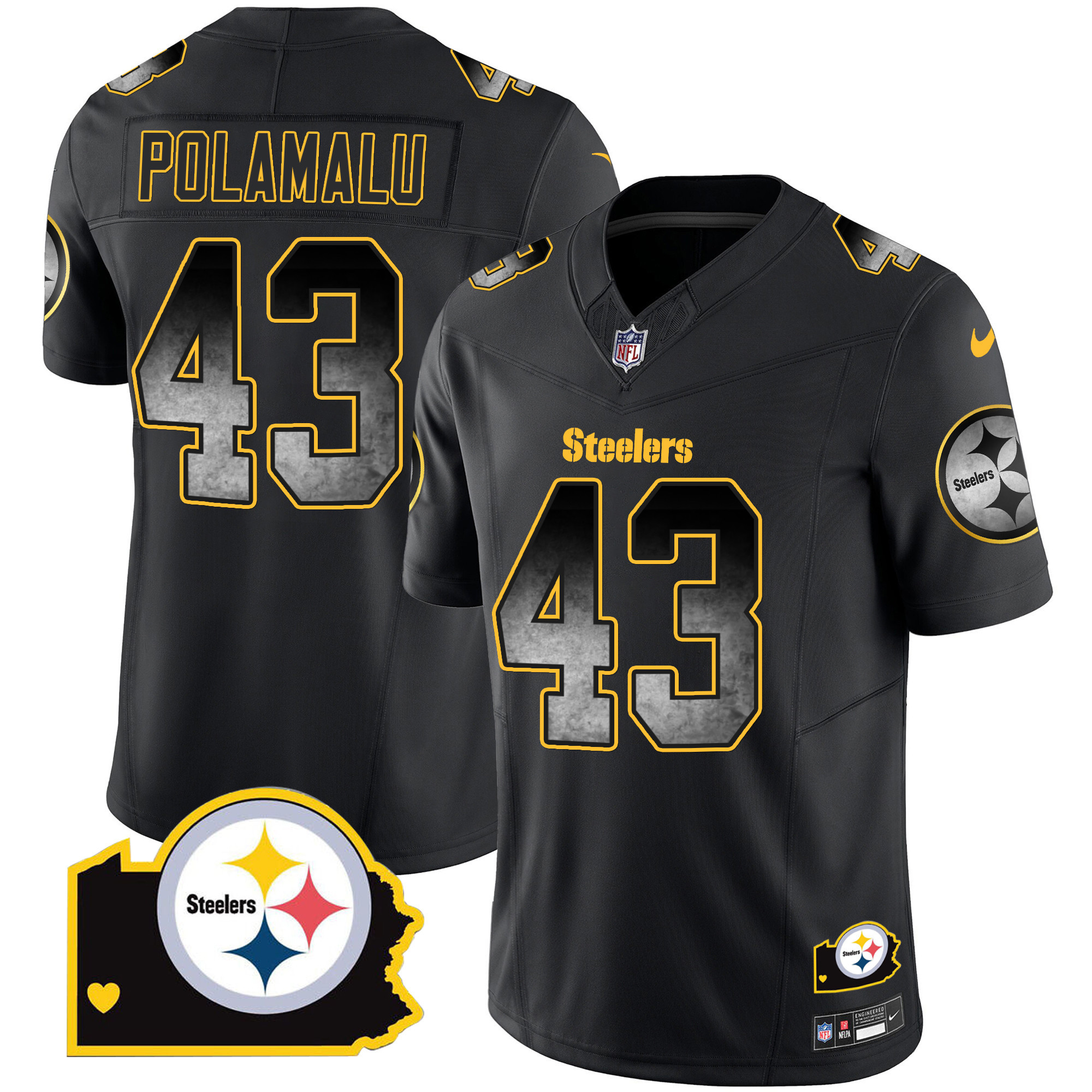 Troy Polamalu Men's Pittsburgh Steelers Arch Smoke Home Patch Vapor Black Jersey - All Stitched