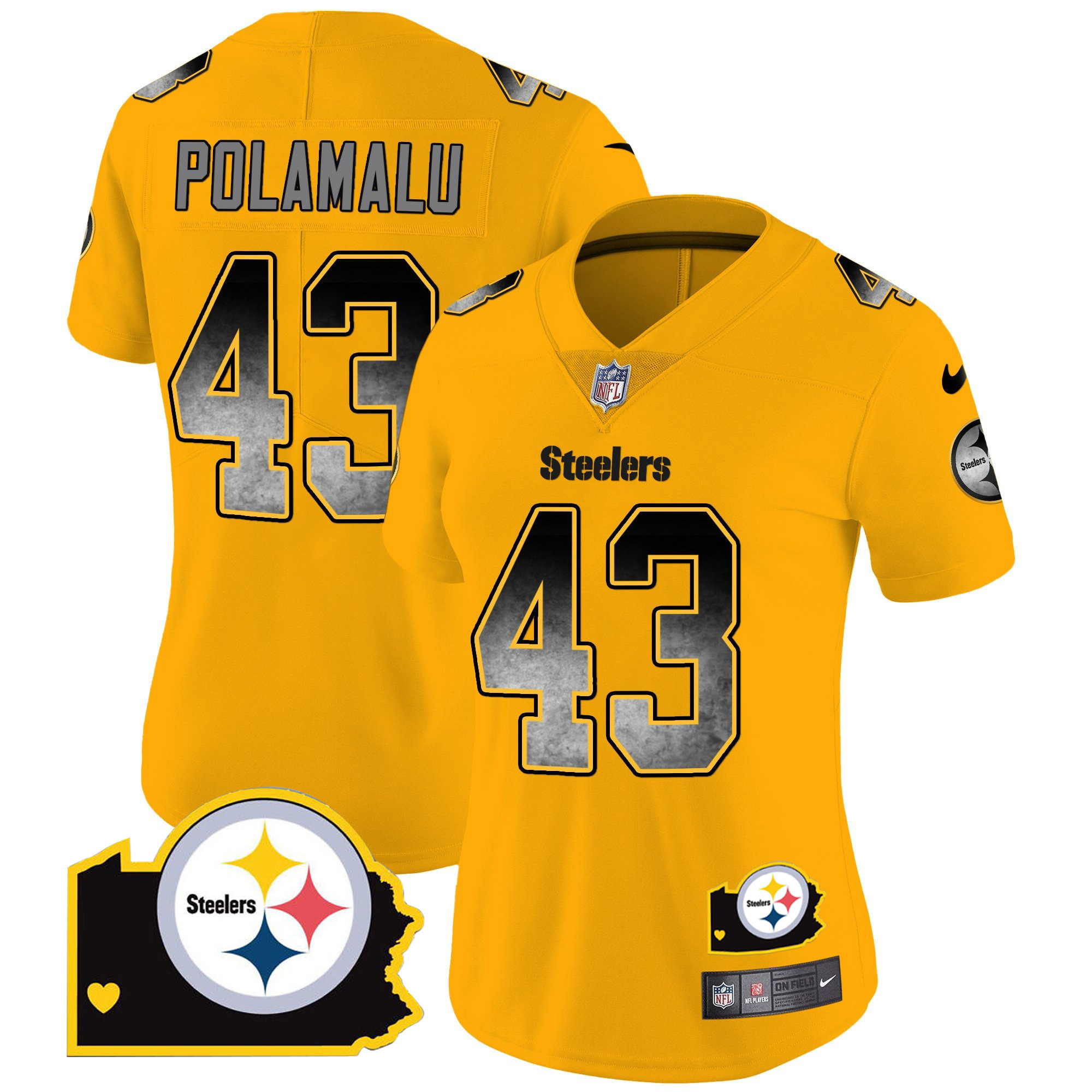 Troy Polamalu Women's Pittsburgh Steelers Arch Smoke Home Patch Vapor Gold Jersey - All Stitched