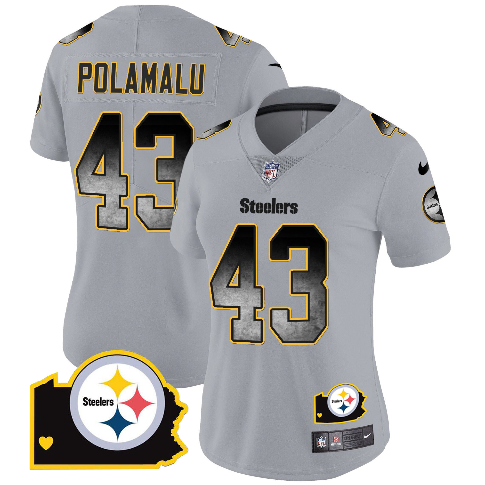 Troy Polamalu Women's Pittsburgh Steelers Arch Smoke Home Patch Vapor Gray Jersey - All Stitched