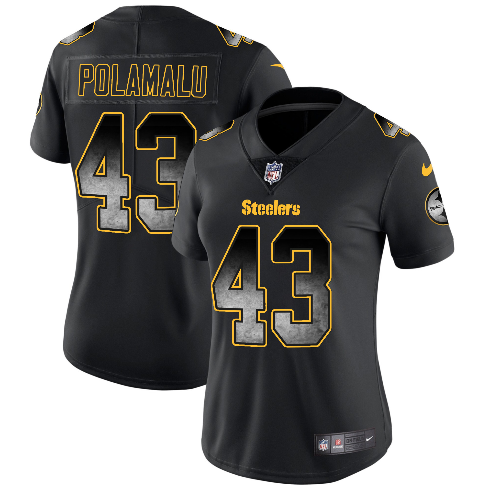 Troy Polamalu Women's Pittsburgh Steelers Arch Smoke Vapor Black Jersey - All Stitched