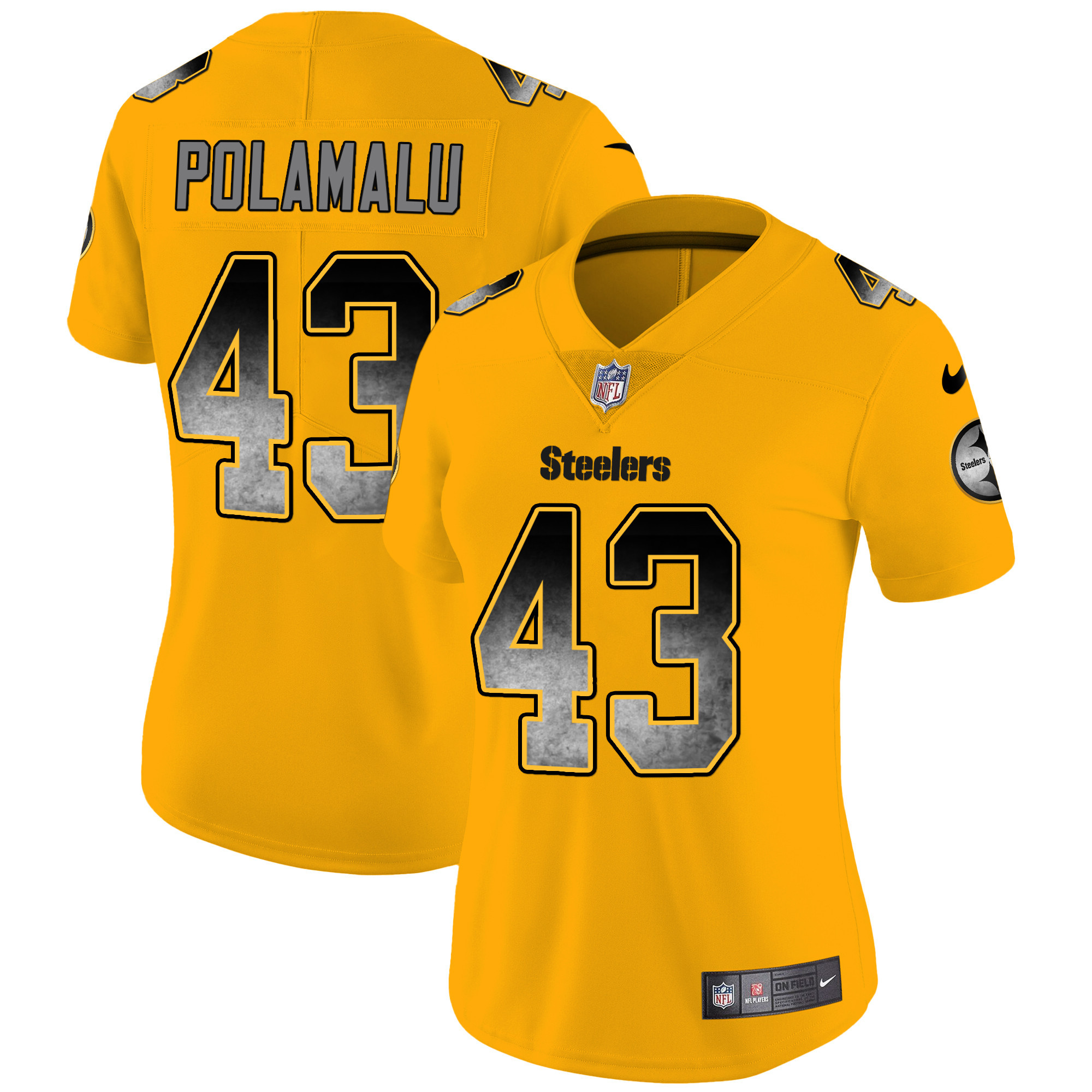 Troy Polamalu Women's Pittsburgh Steelers Arch Smoke Vapor Gold Jersey - All Stitched