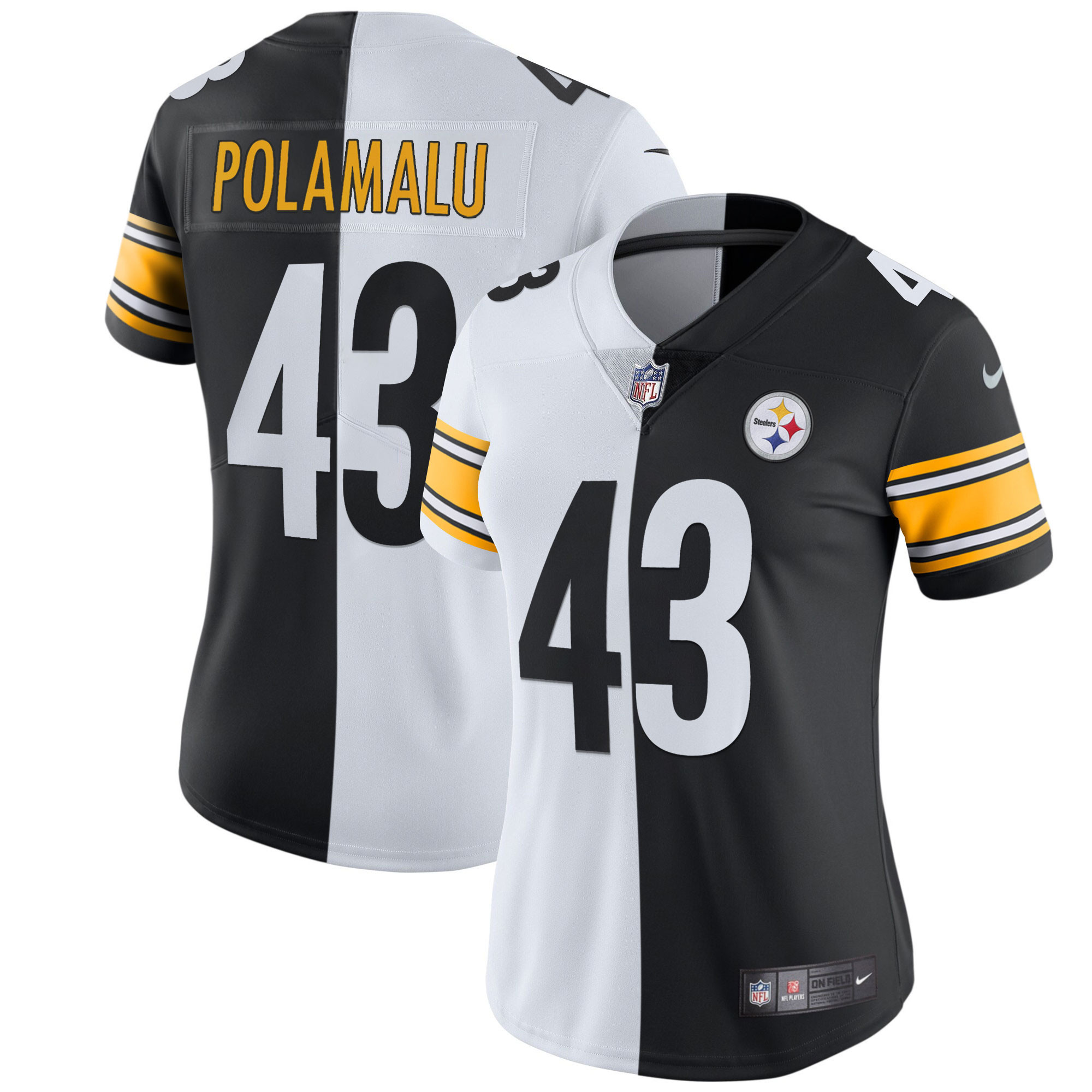 Troy Polamalu Women's Pittsburgh Steelers White Gold & Black Gold Split Jersey - All Stitched
