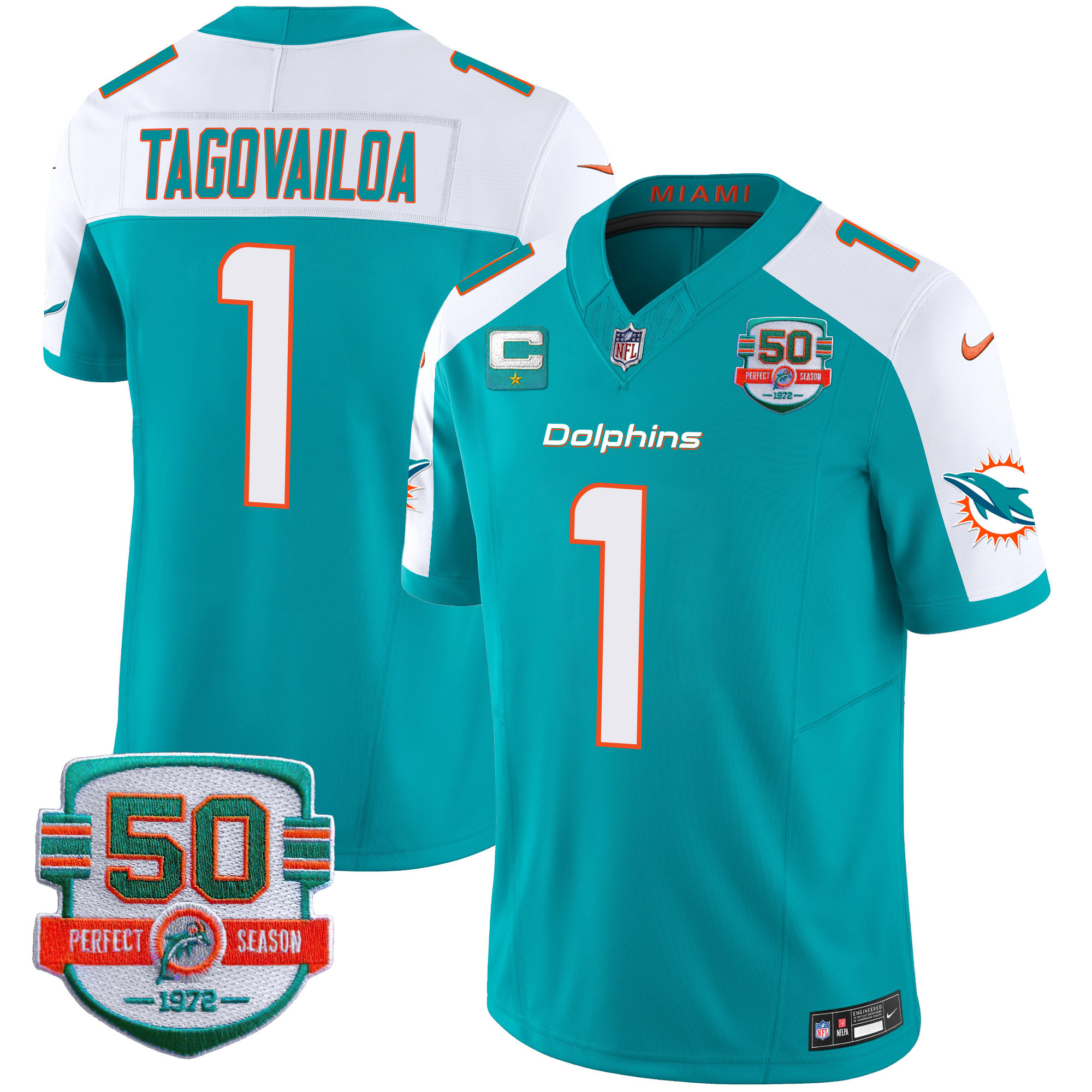 Tua Tagovailoa Men's Miami Dolphins 50th 1972 Perfect Season Patch Vapor Aqua Alternate Jersey - All Stitched 