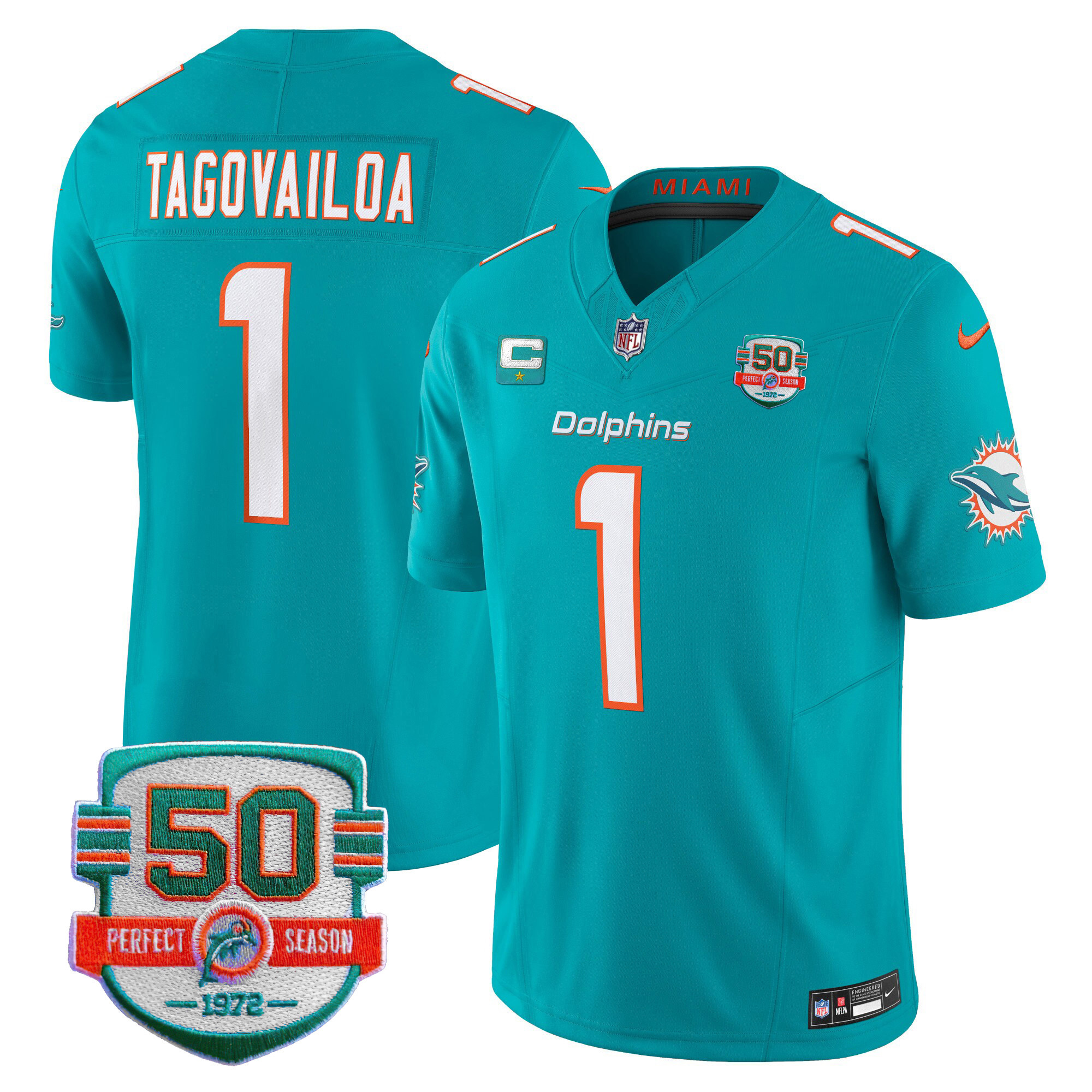 Tua Tagovailoa Men's Miami Dolphins 50th 1972 Perfect Season Patch Vapor Aqua Jersey - All Stitched 
