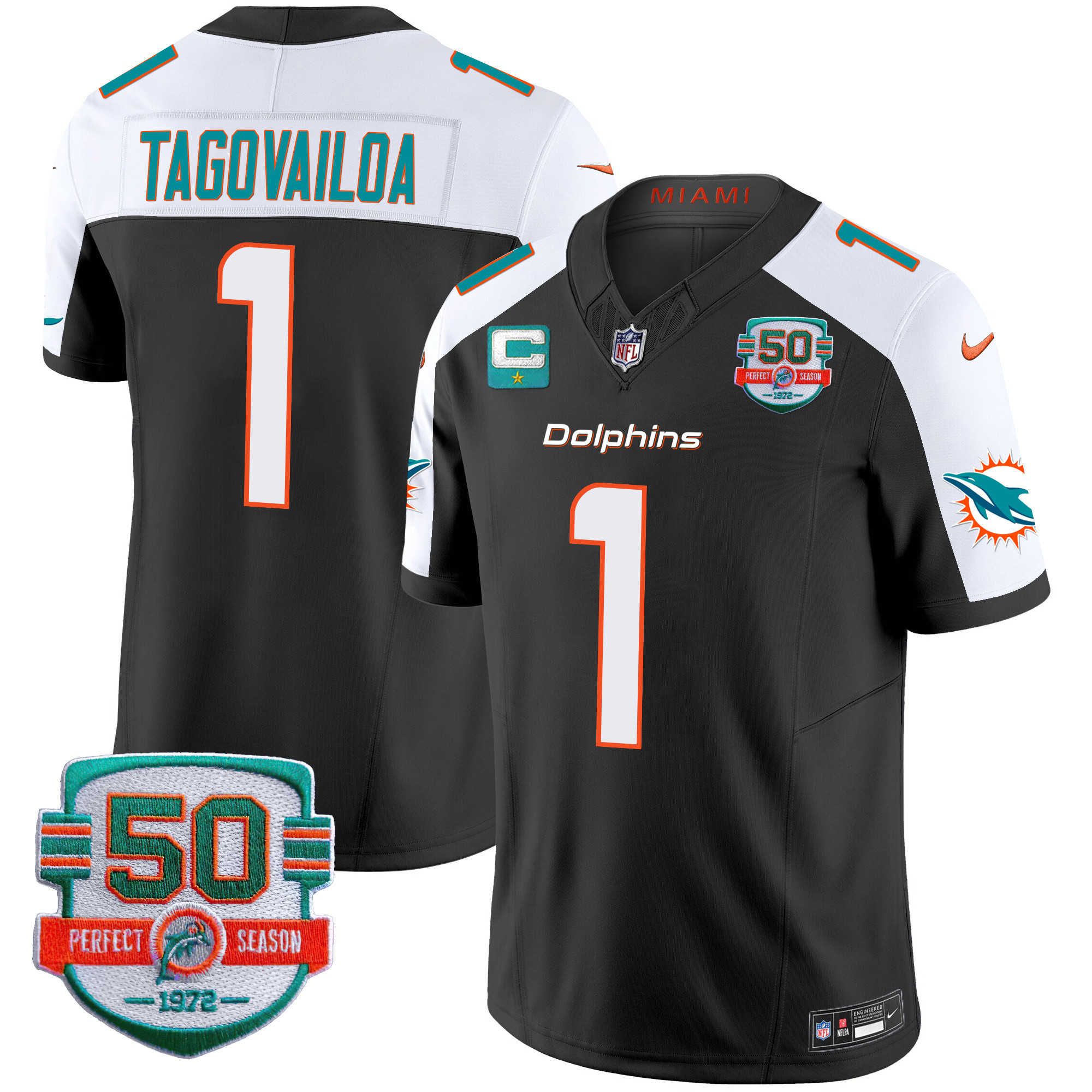 Tua Tagovailoa Men's Miami Dolphins 50th 1972 Perfect Season Patch Vapor Black Alternate Jersey - All Stitched 