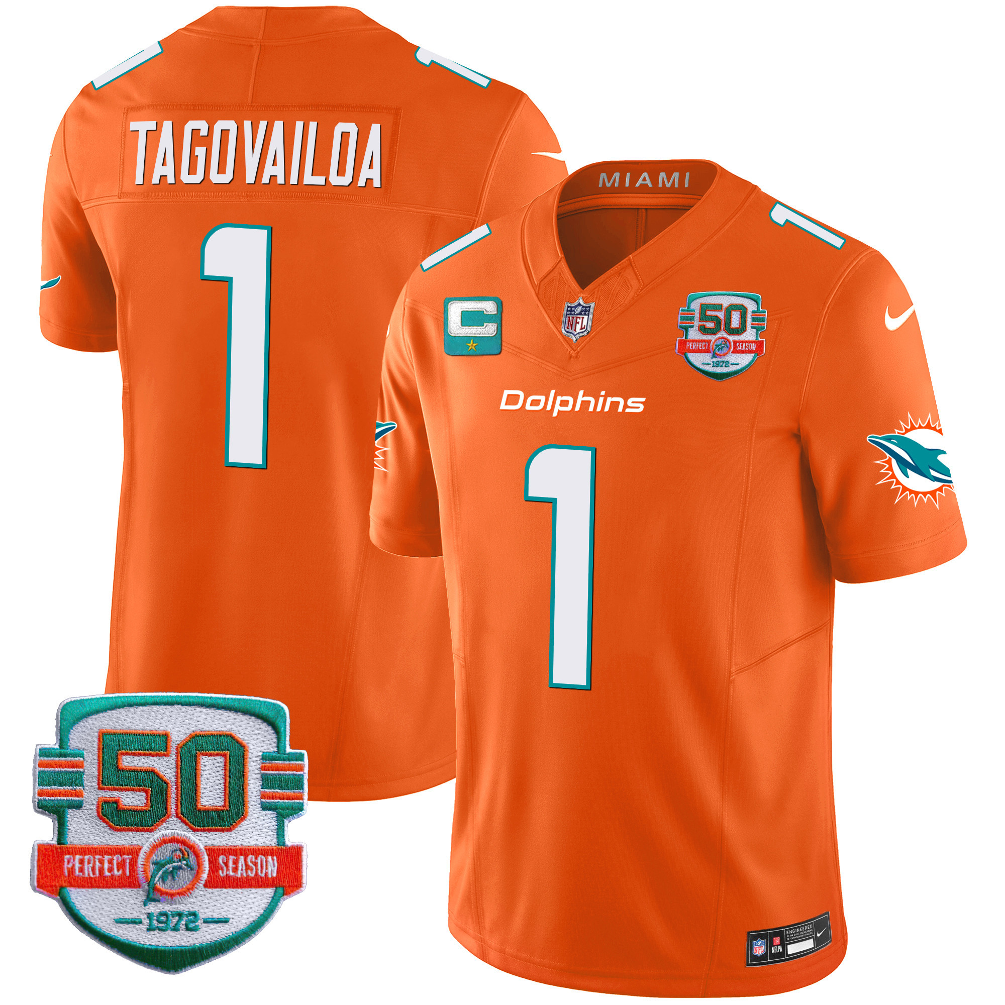Tua Tagovailoa Men's Miami Dolphins 50th 1972 Perfect Season Patch Vapor Orange Jersey - All Stitched 