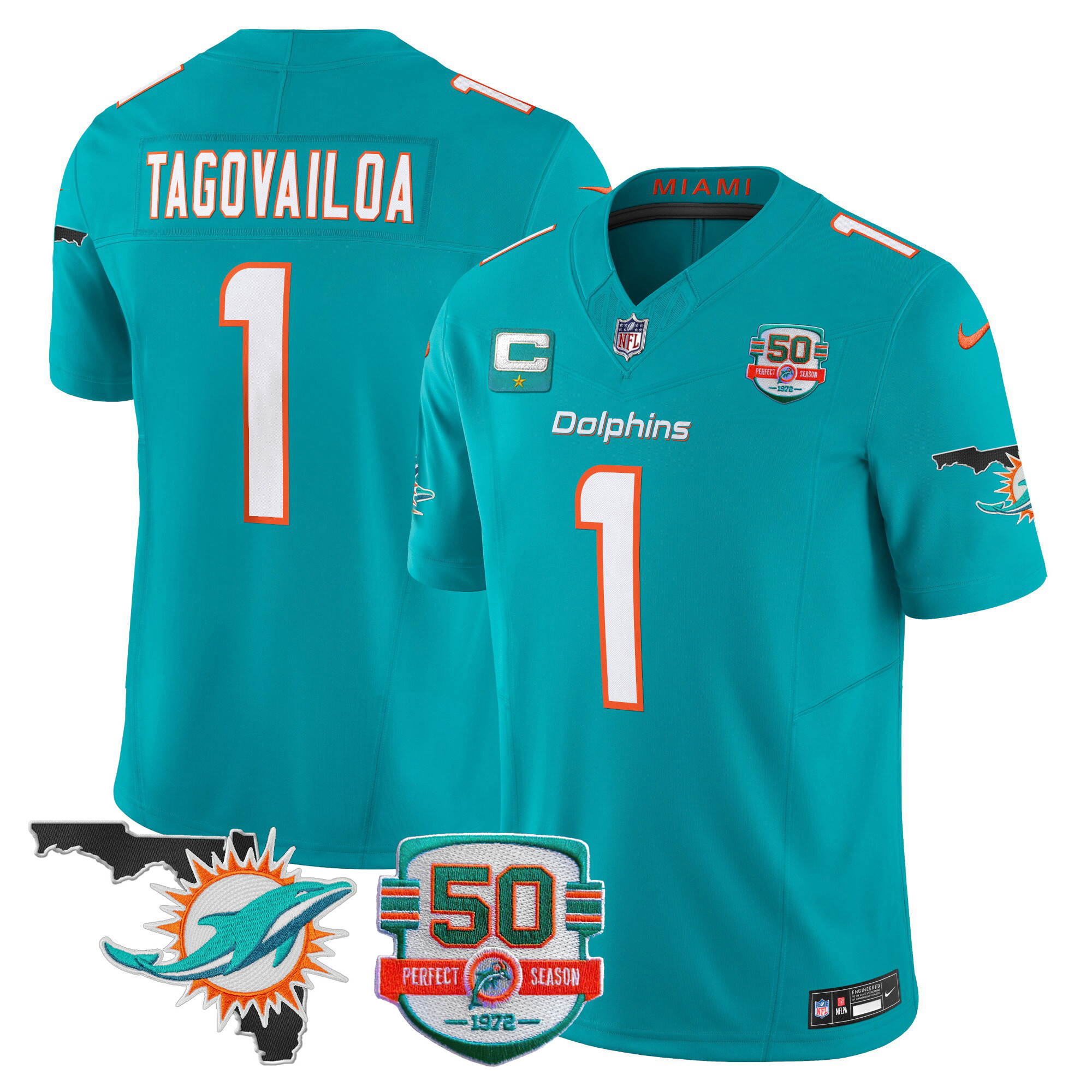 Tua Tagovailoa Men's Miami Dolphins 50th Perfect Season & Florida Patch Vapor Aqua Jersey - All Stitched 