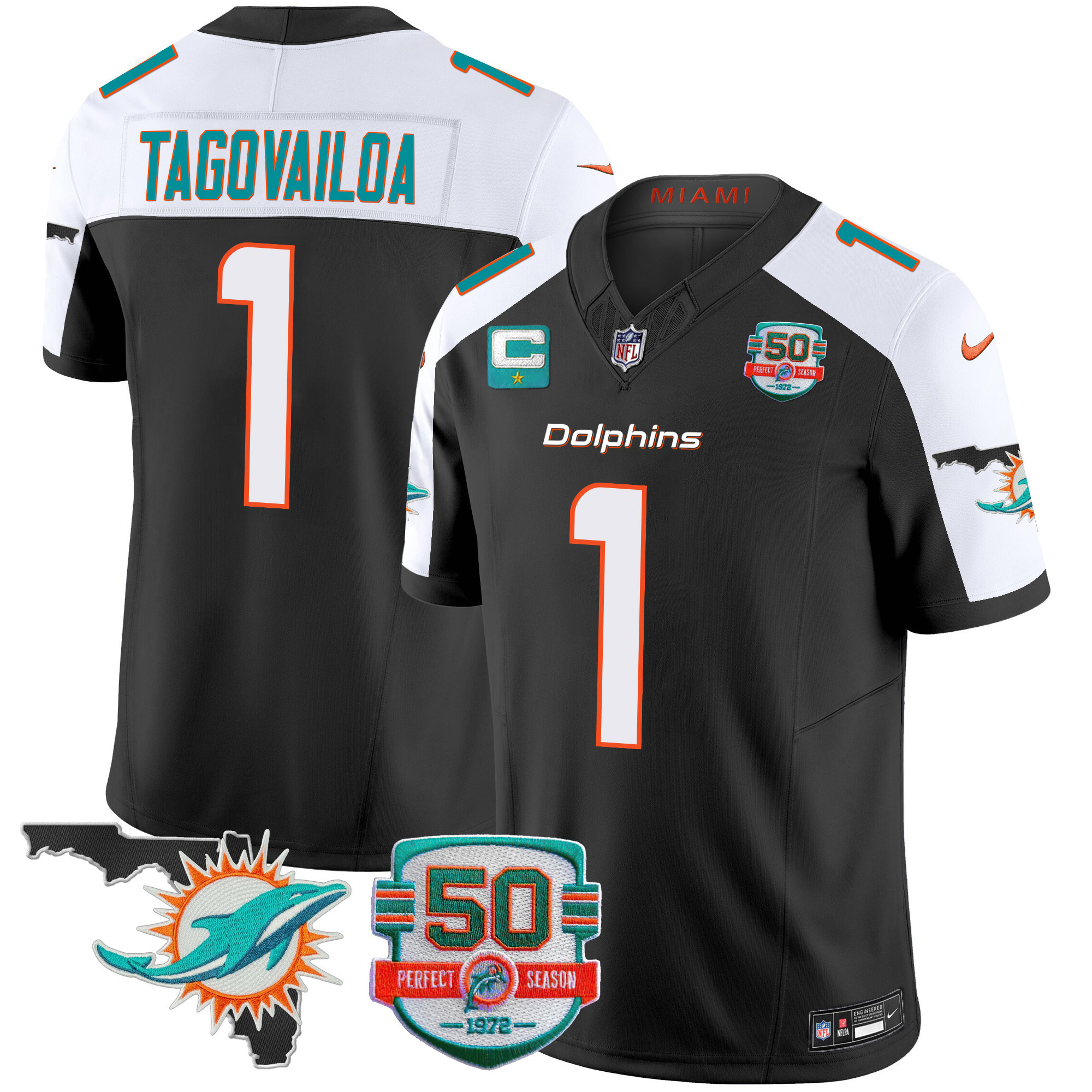 Tua Tagovailoa Men's Miami Dolphins 50th Perfect Season & Florida Patch Vapor Black Alternate Jersey - All Stitched 