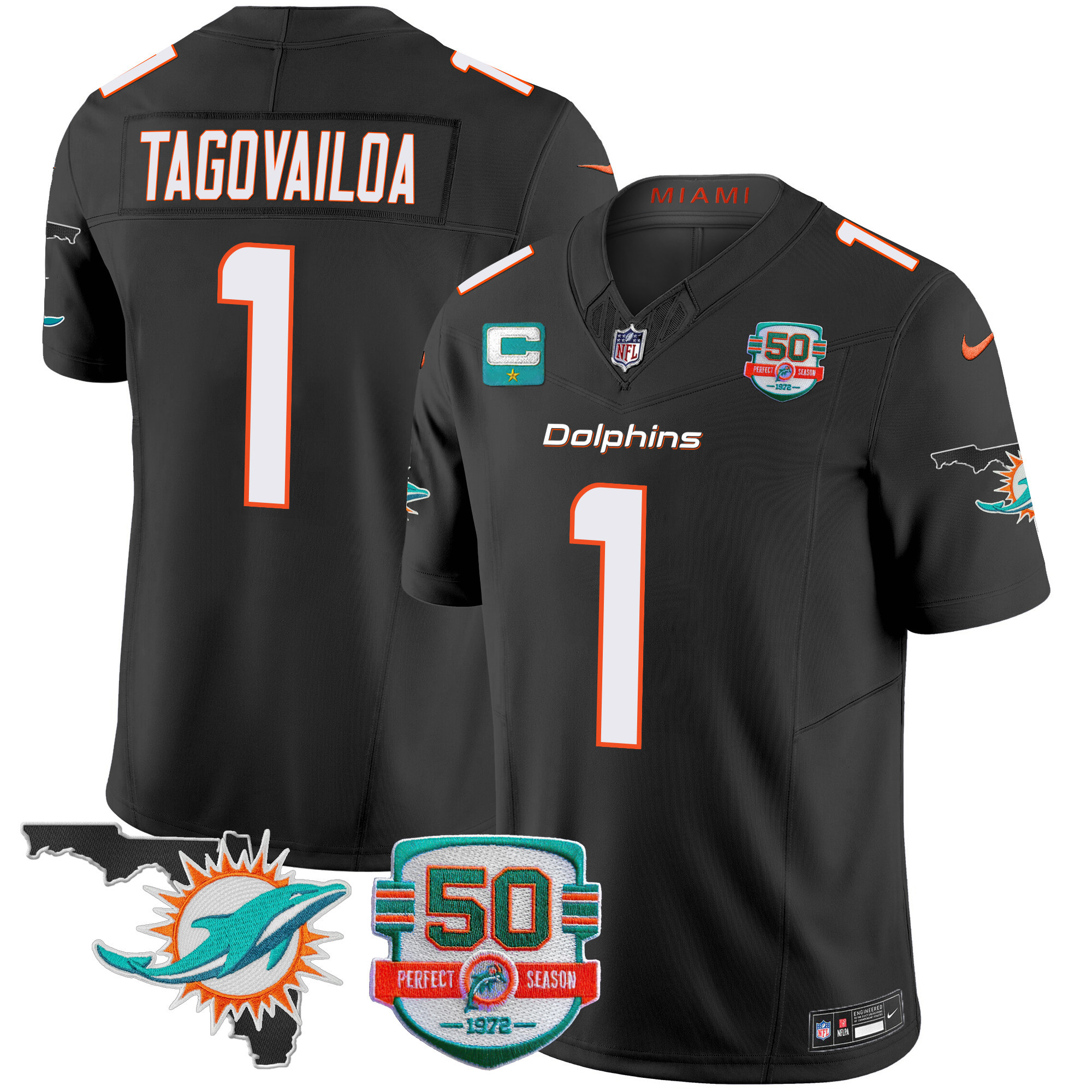 Tua Tagovailoa Men's Miami Dolphins 50th Perfect Season & Florida Patch Vapor Black Jersey - All Stitched 