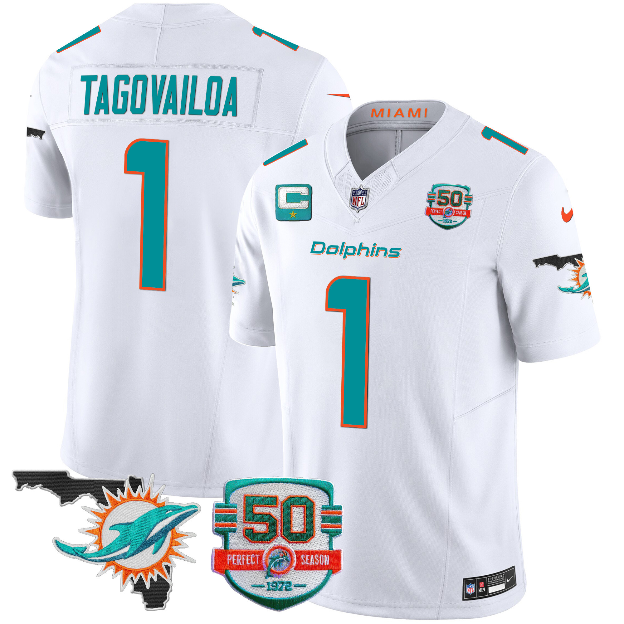 Tua Tagovailoa Men's Miami Dolphins 50th Perfect Season & Florida Patch Vapor White Jersey - All Stitched 