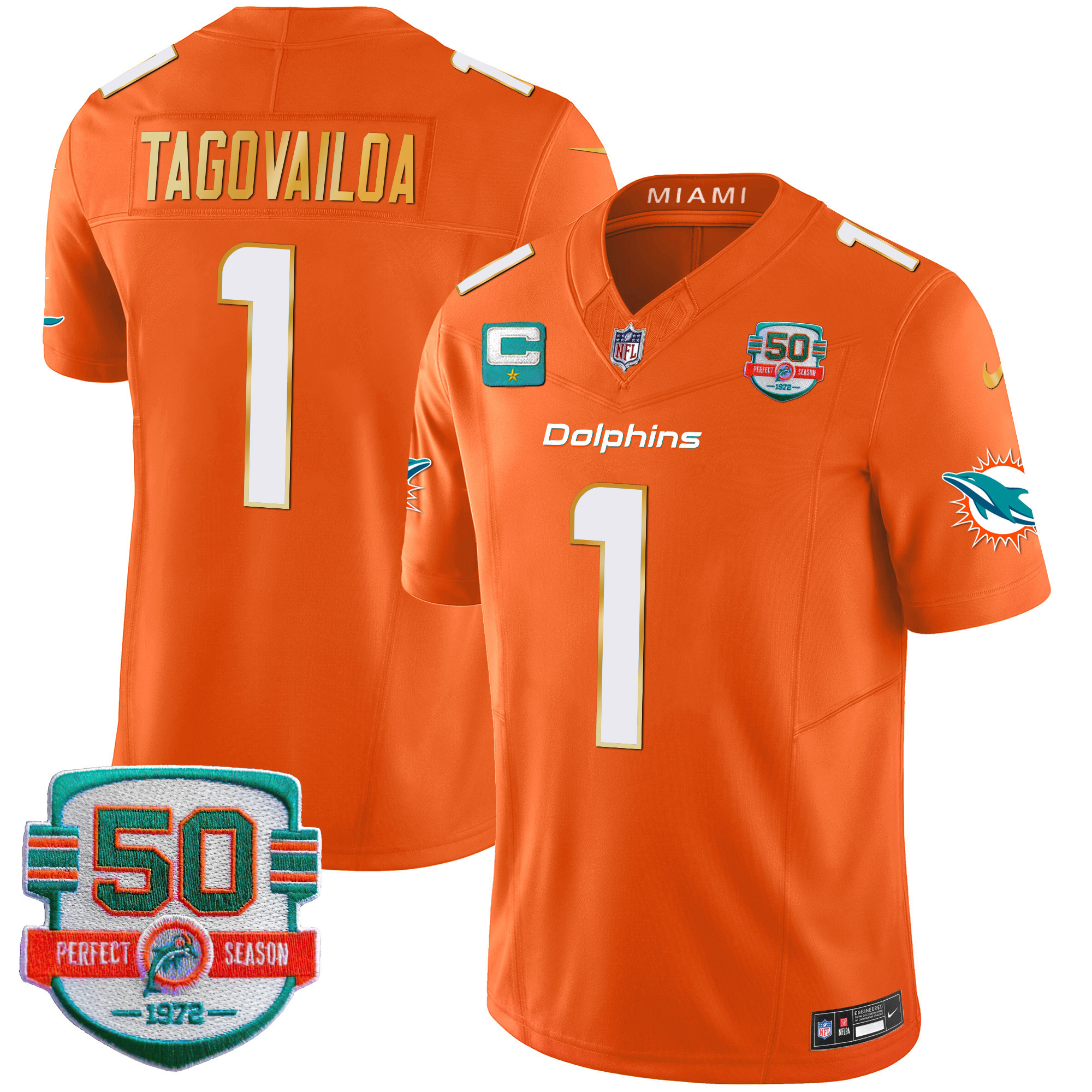 Tua Tagovailoa Men's Miami Dolphins Gold Trim Vapor Limited Orange Jersey - All Stitched 