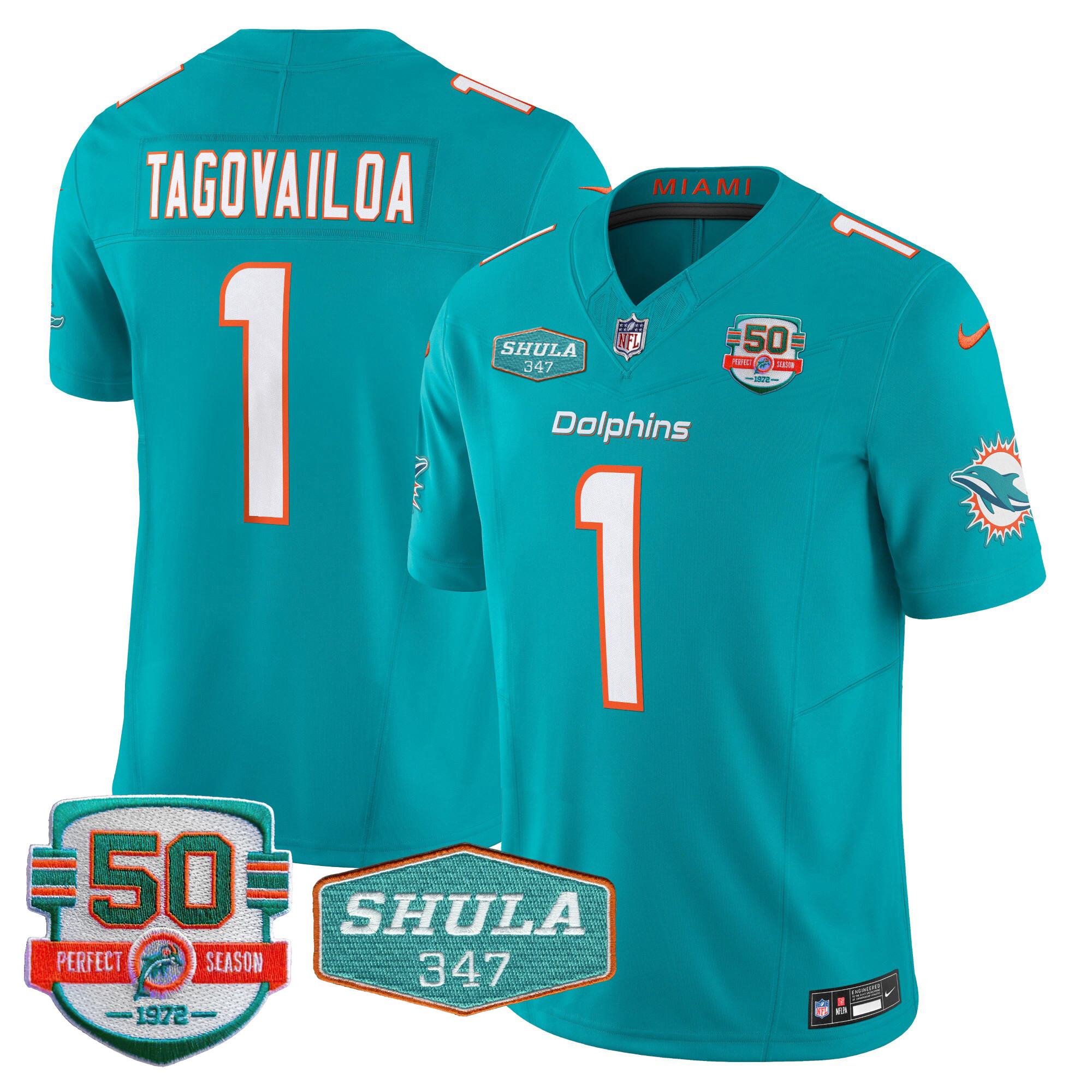 Tua Tagovailoa Men's Miami Dolphins Shula 347 Patch Vapor Aqua Jersey - All Stitched 