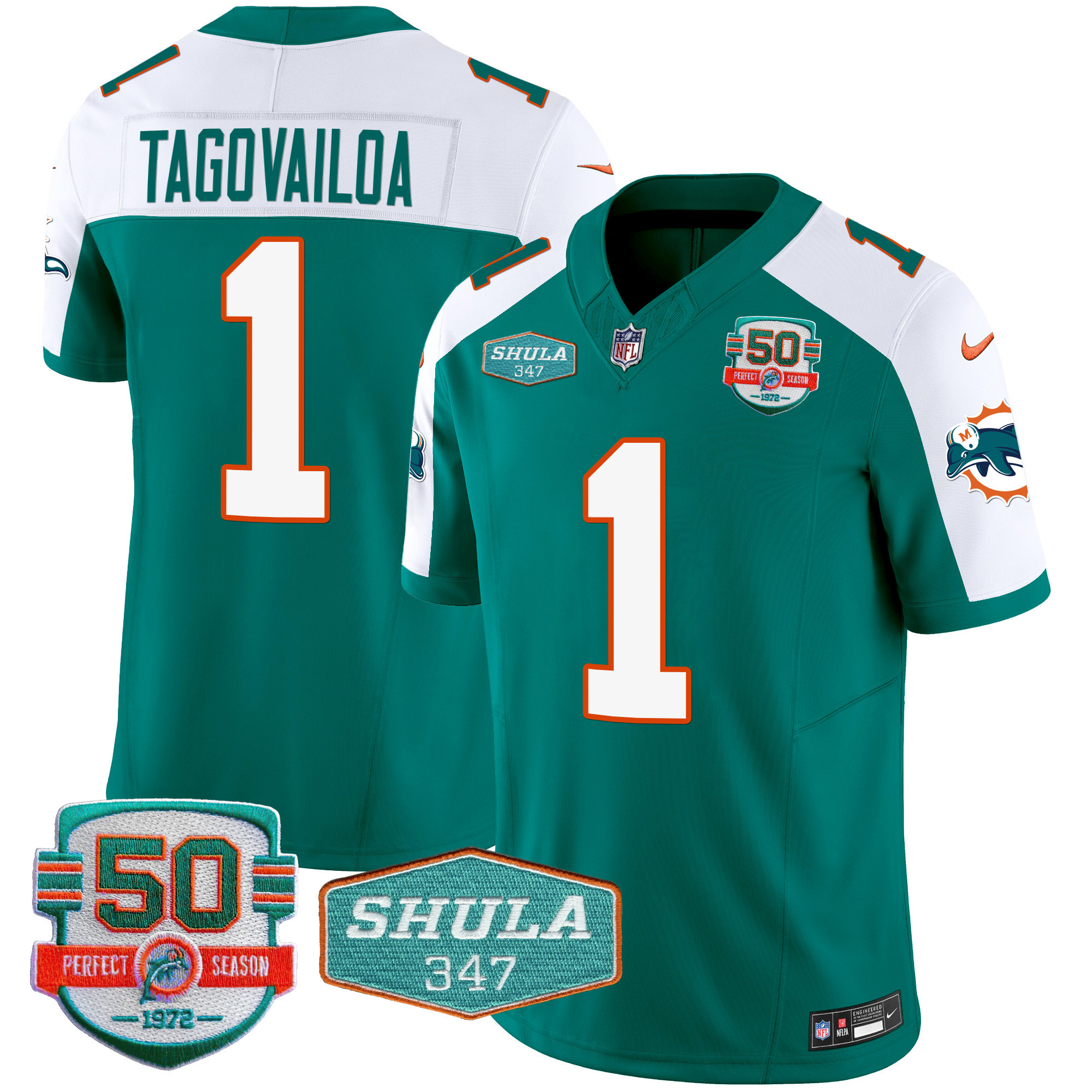 Tua Tagovailoa Men's Miami Dolphins Throwback Shula 347 Patch Vapor Aqua Alternate Jersey - All Stitched 