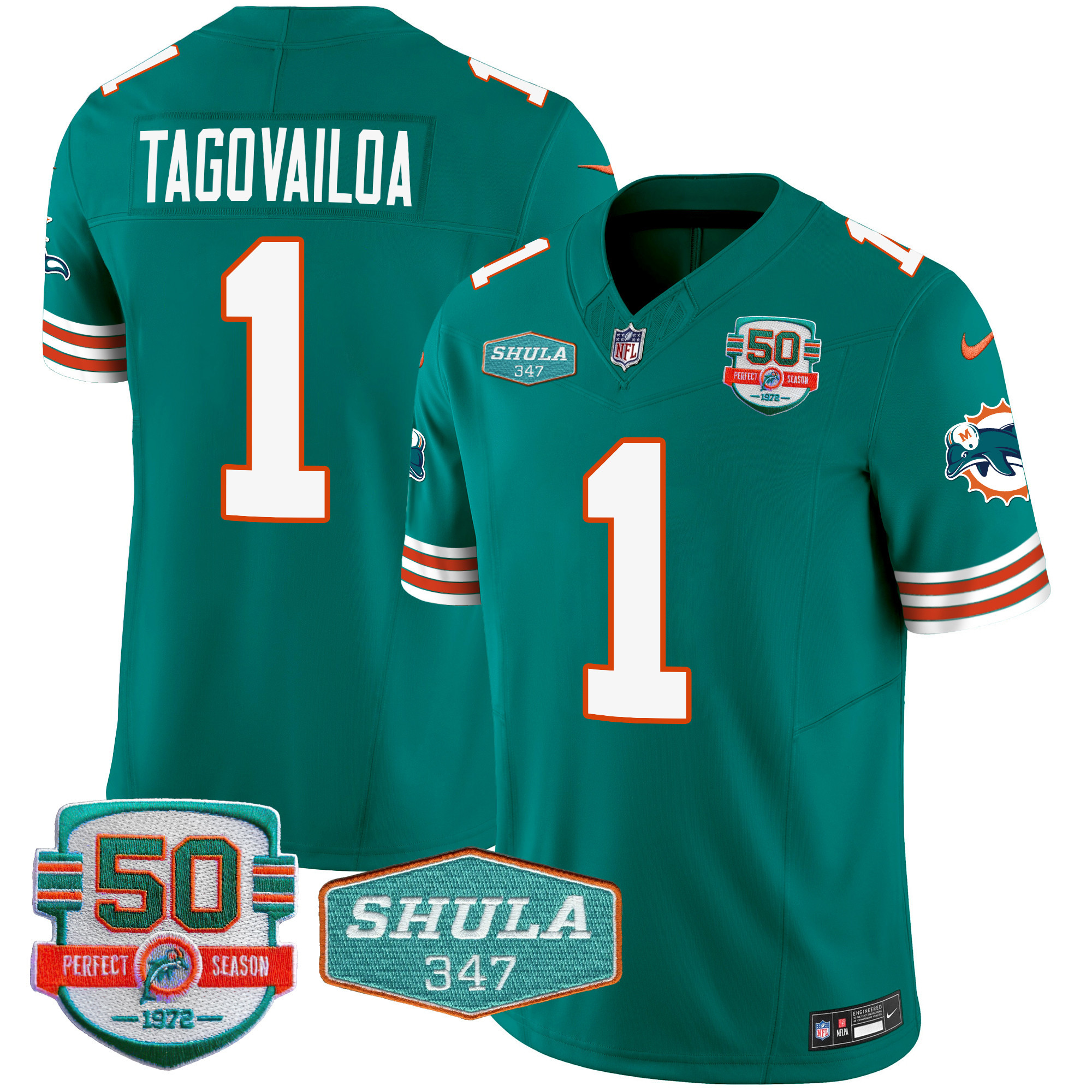 Tua Tagovailoa Men's Miami Dolphins Throwback Shula 347 Patch Vapor Aqua Jersey - All Stitched 