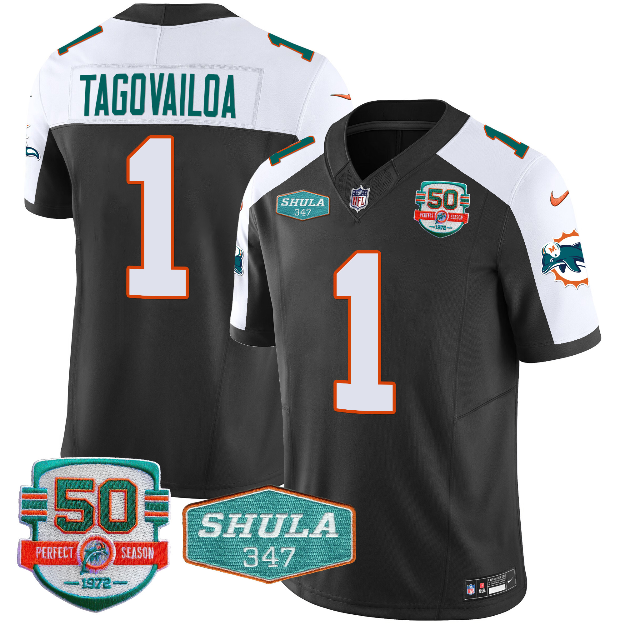 Tua Tagovailoa Men's Miami Dolphins Throwback Shula 347 Patch Vapor Black Alternate Jersey - All Stitched 