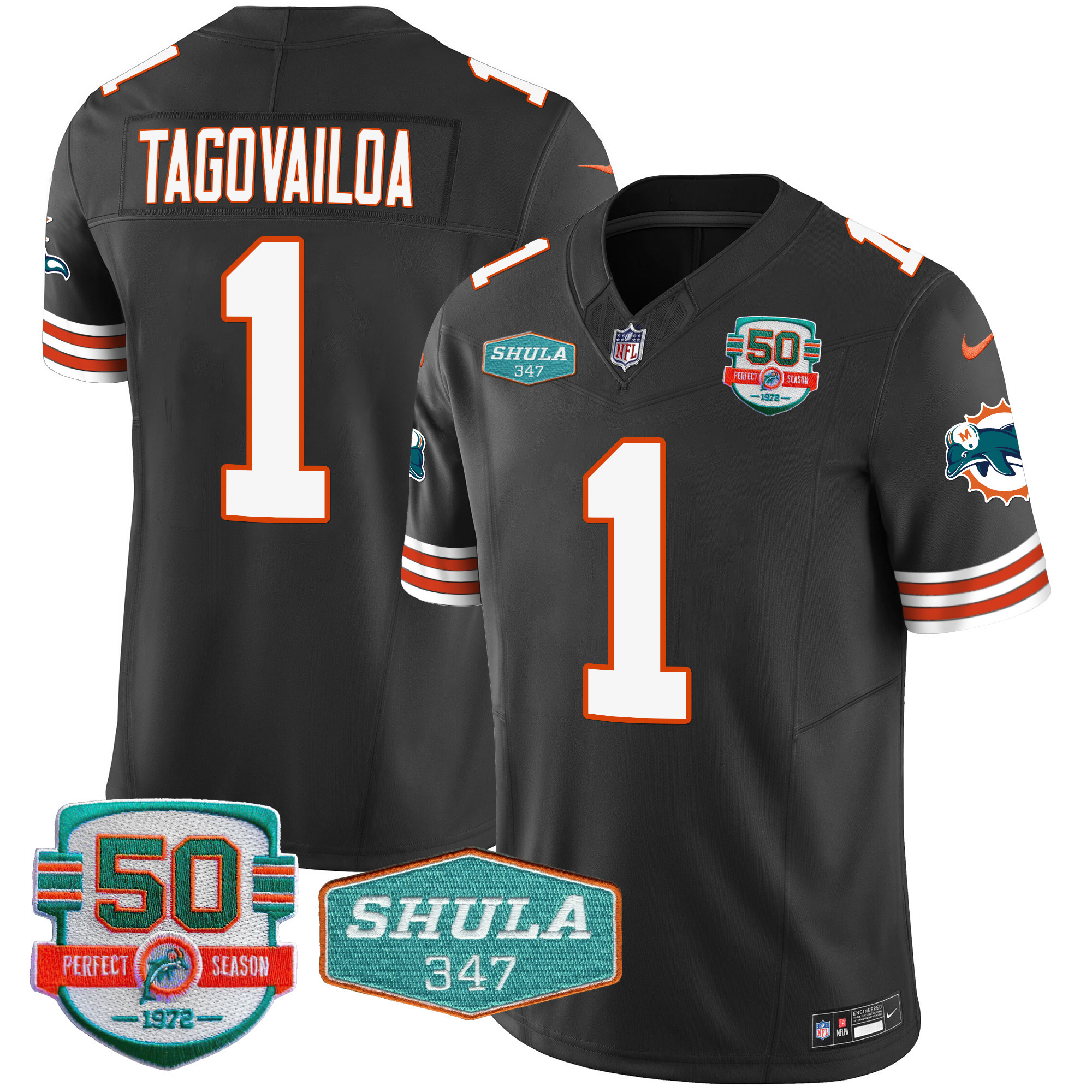 Tua Tagovailoa Men's Miami Dolphins Throwback Shula 347 Patch Vapor Black Jersey - All Stitched 