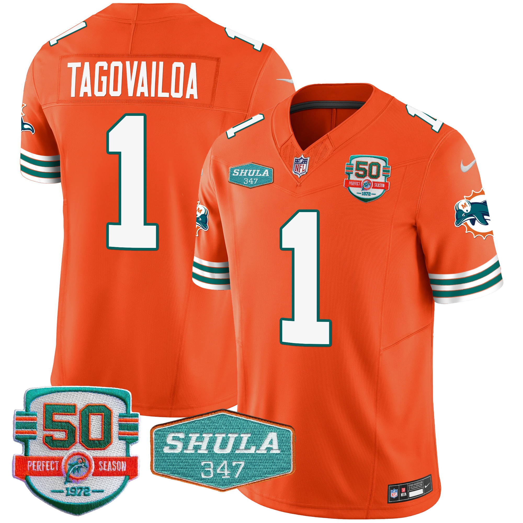 Tua Tagovailoa Men's Miami Dolphins Throwback Shula 347 Patch Vapor Orange Jersey - All Stitched 