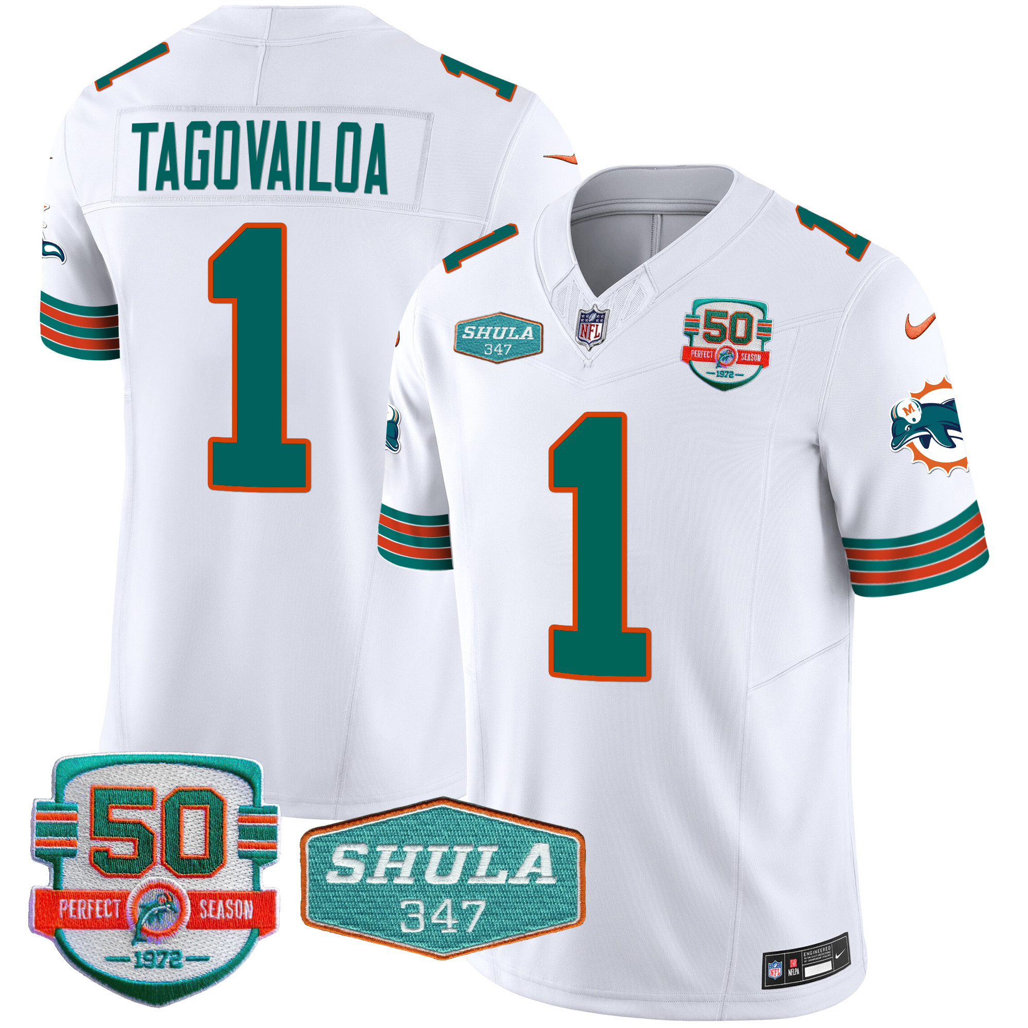 Tua Tagovailoa Men's Miami Dolphins Throwback Shula 347 Patch Vapor White Jersey - All Stitched 