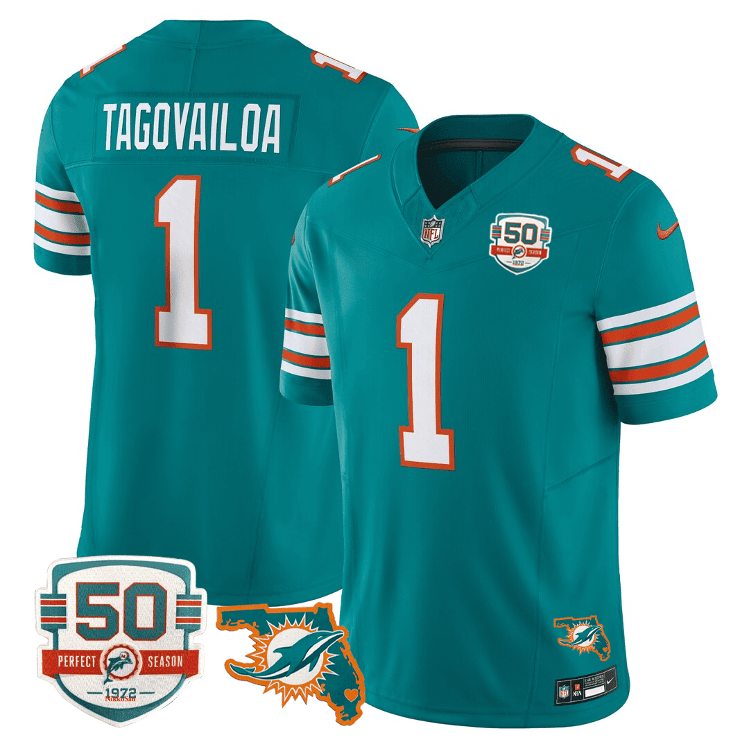 Tua Tagovailoa Men's Miami DolphinsThrowback 50th Perfect Season & Florida Patch Vapor Aqua Jersey - All Stitched 