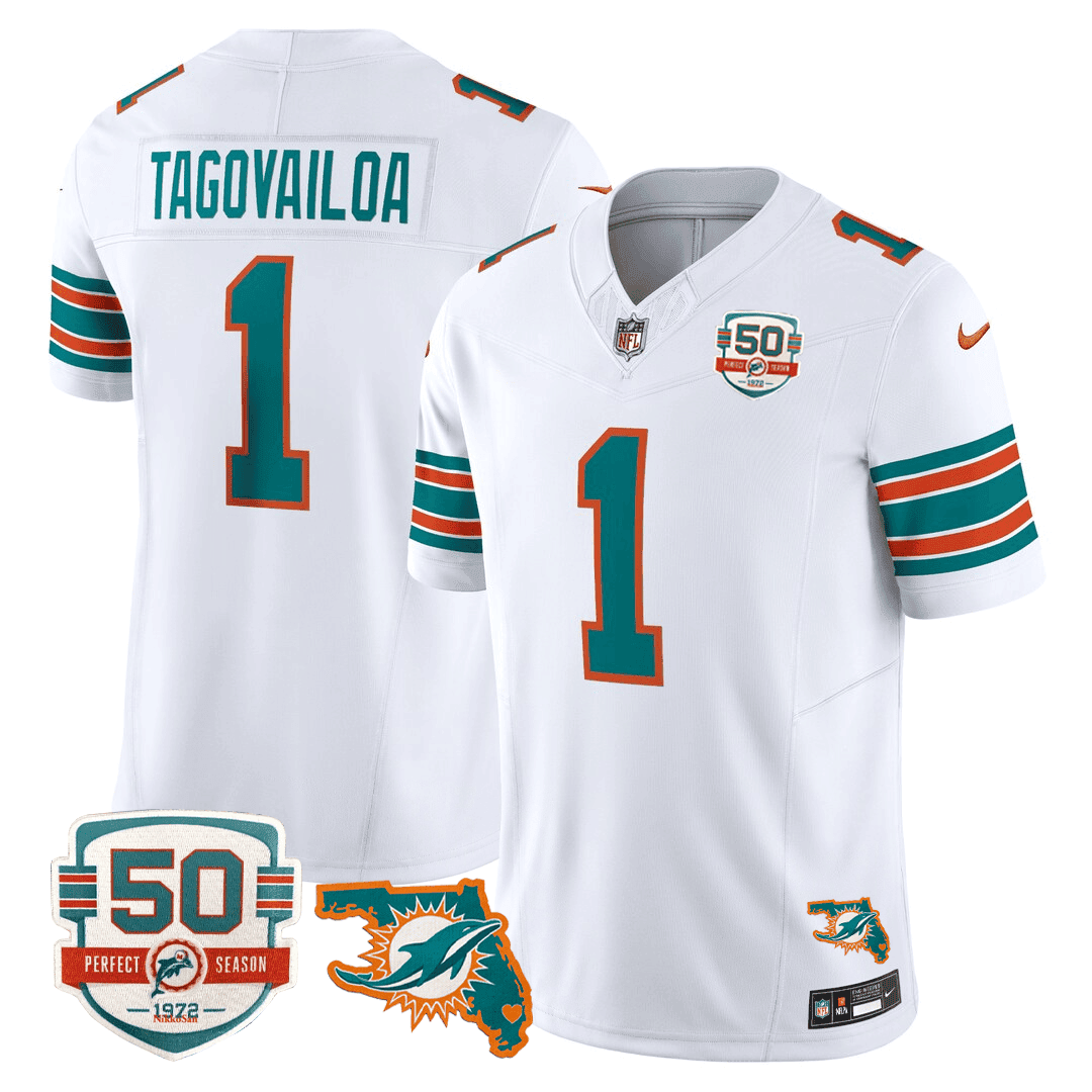 Tua Tagovailoa Men's Miami DolphinsThrowback 50th Perfect Season & Florida Patch Vapor White Jersey - All Stitched 