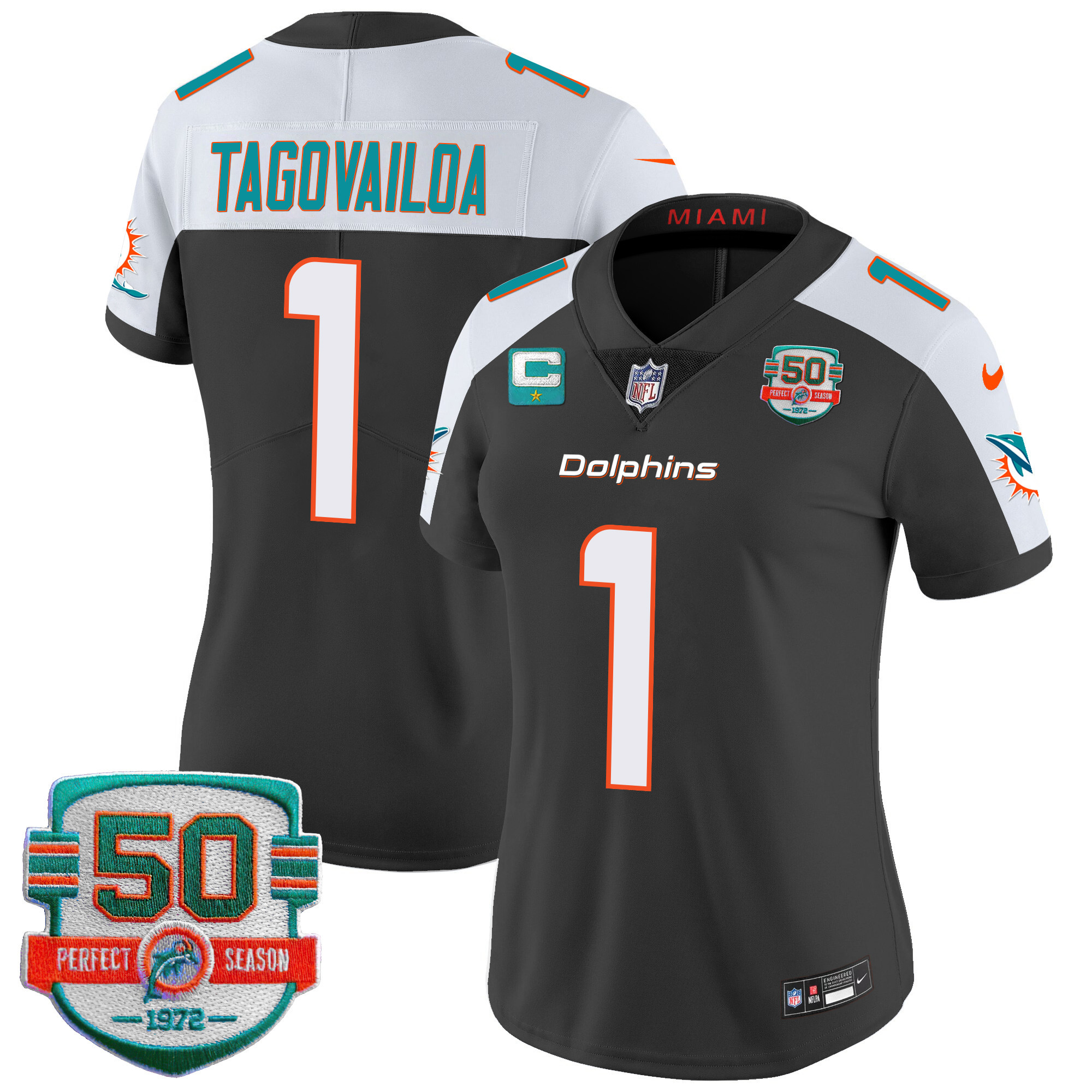 Tua Tagovailoa Women's Miami Dolphins 50th 1972 Perfect Season Patch Vapor Black Alternate Jersey - All Stitched 