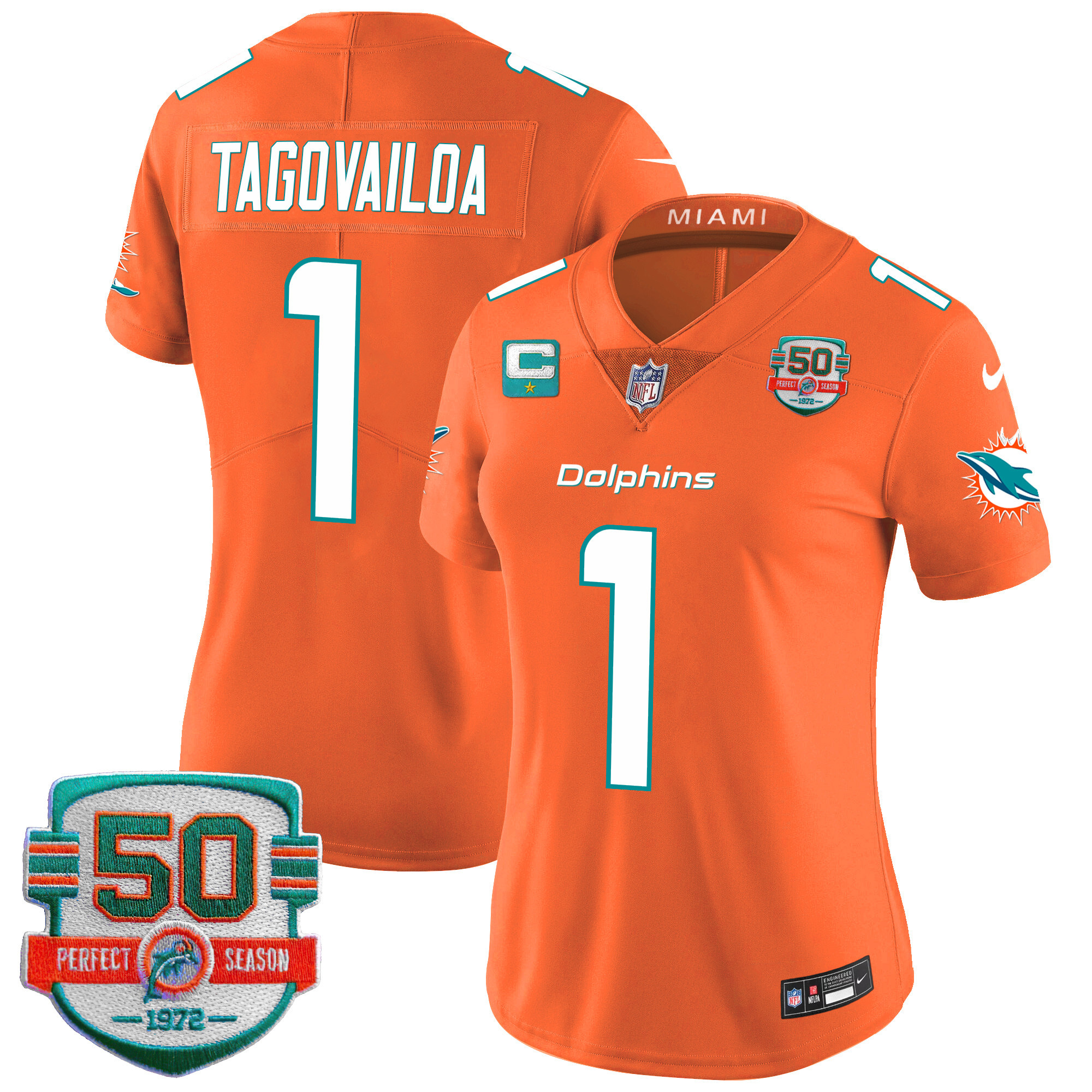 Tua Tagovailoa Women's Miami Dolphins 50th 1972 Perfect Season Patch Vapor Orange Jersey - All Stitched 