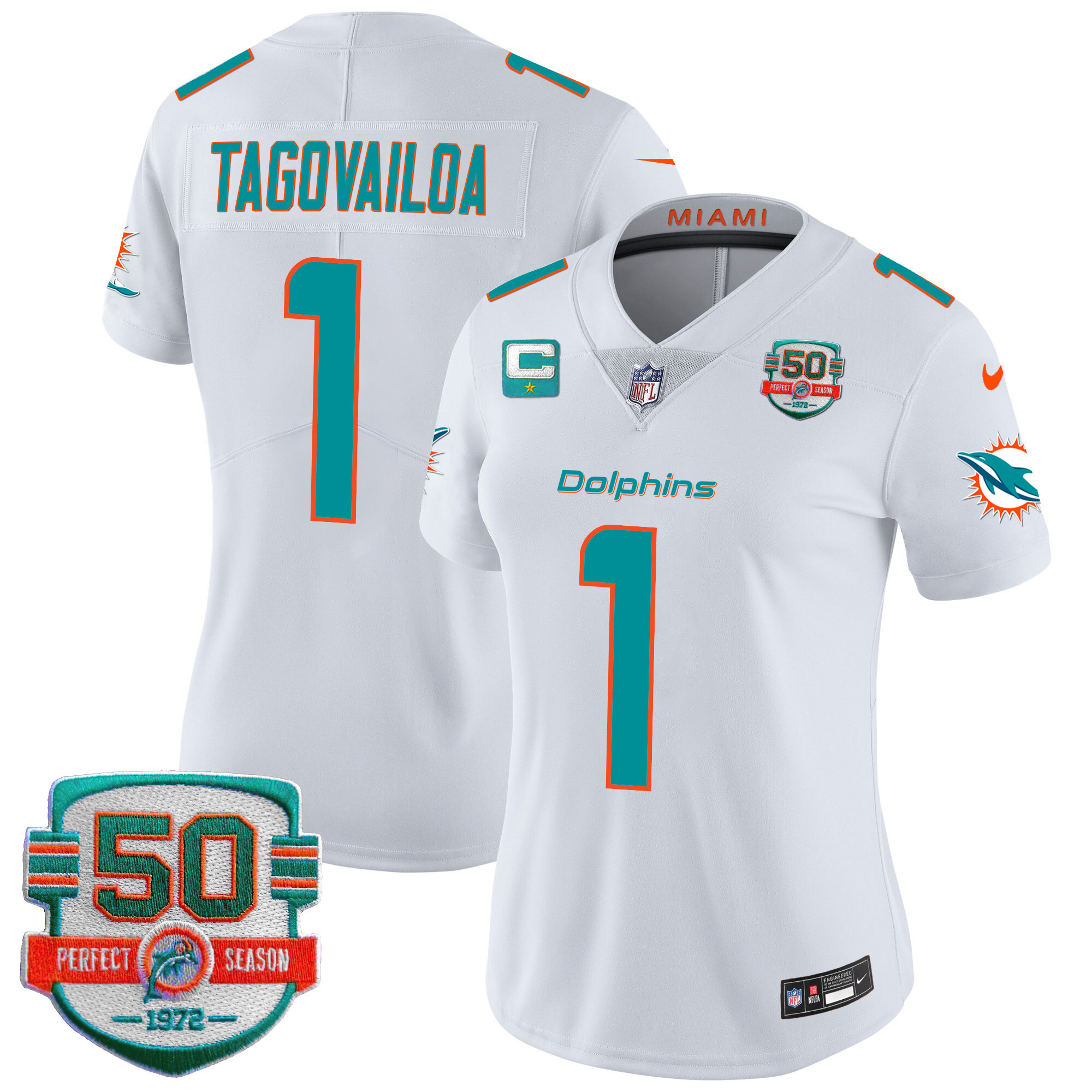 Tua Tagovailoa Women's Miami Dolphins 50th 1972 Perfect Season Patch Vapor White Jersey - All Stitched 