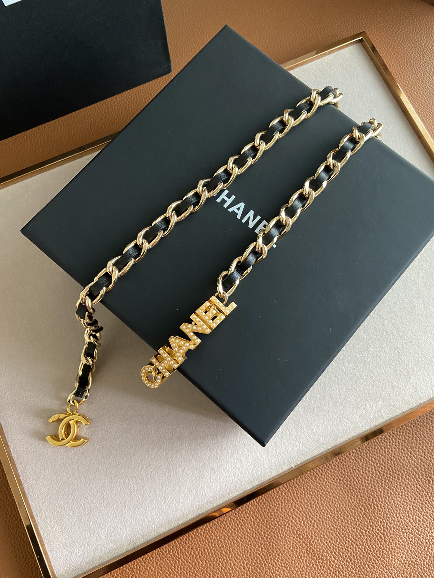 Twinkle CHANEL Letter Black Border Necklace Gold Tone For Women