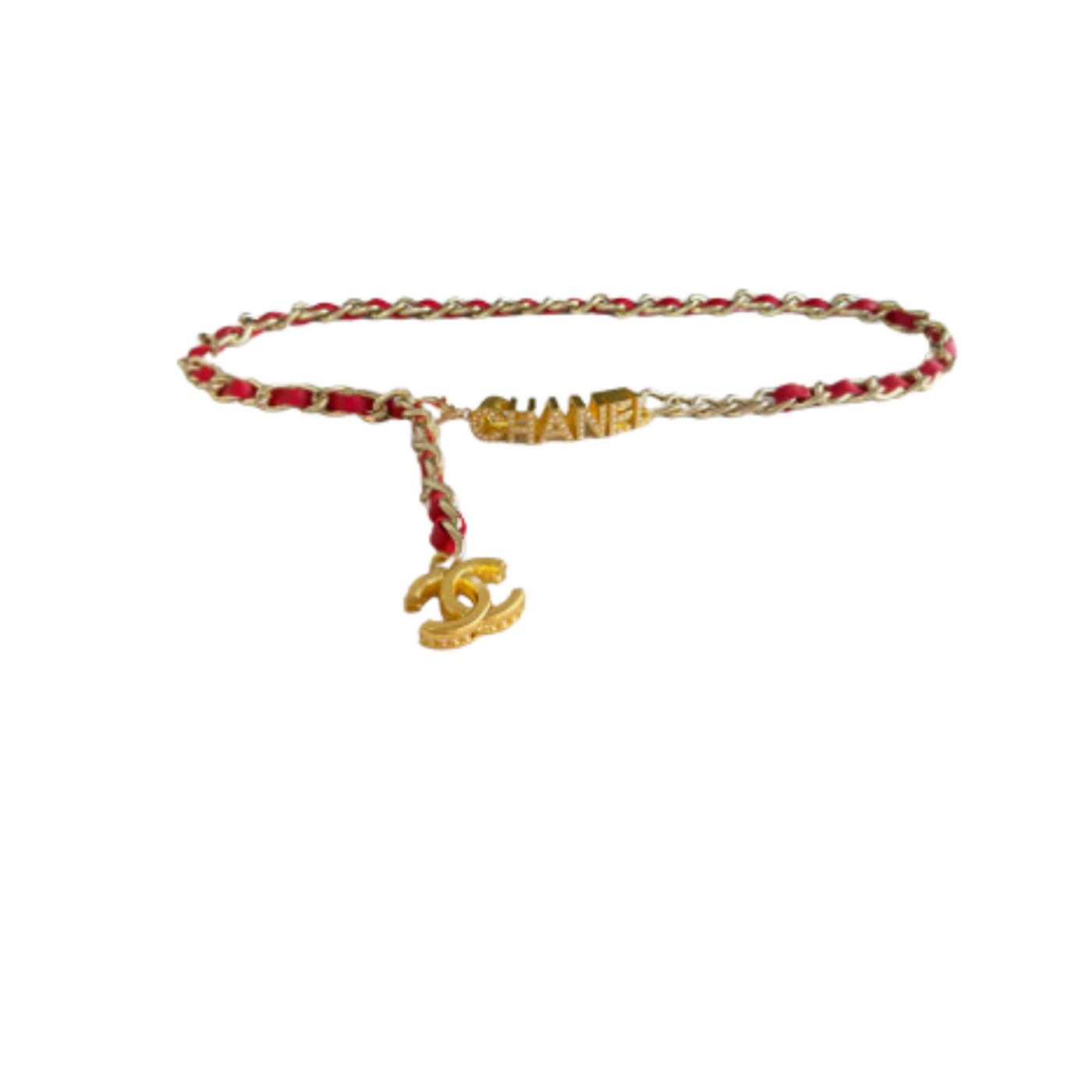 Twinkle CHANEL Letter Red Border Necklace Gold Tone For Women