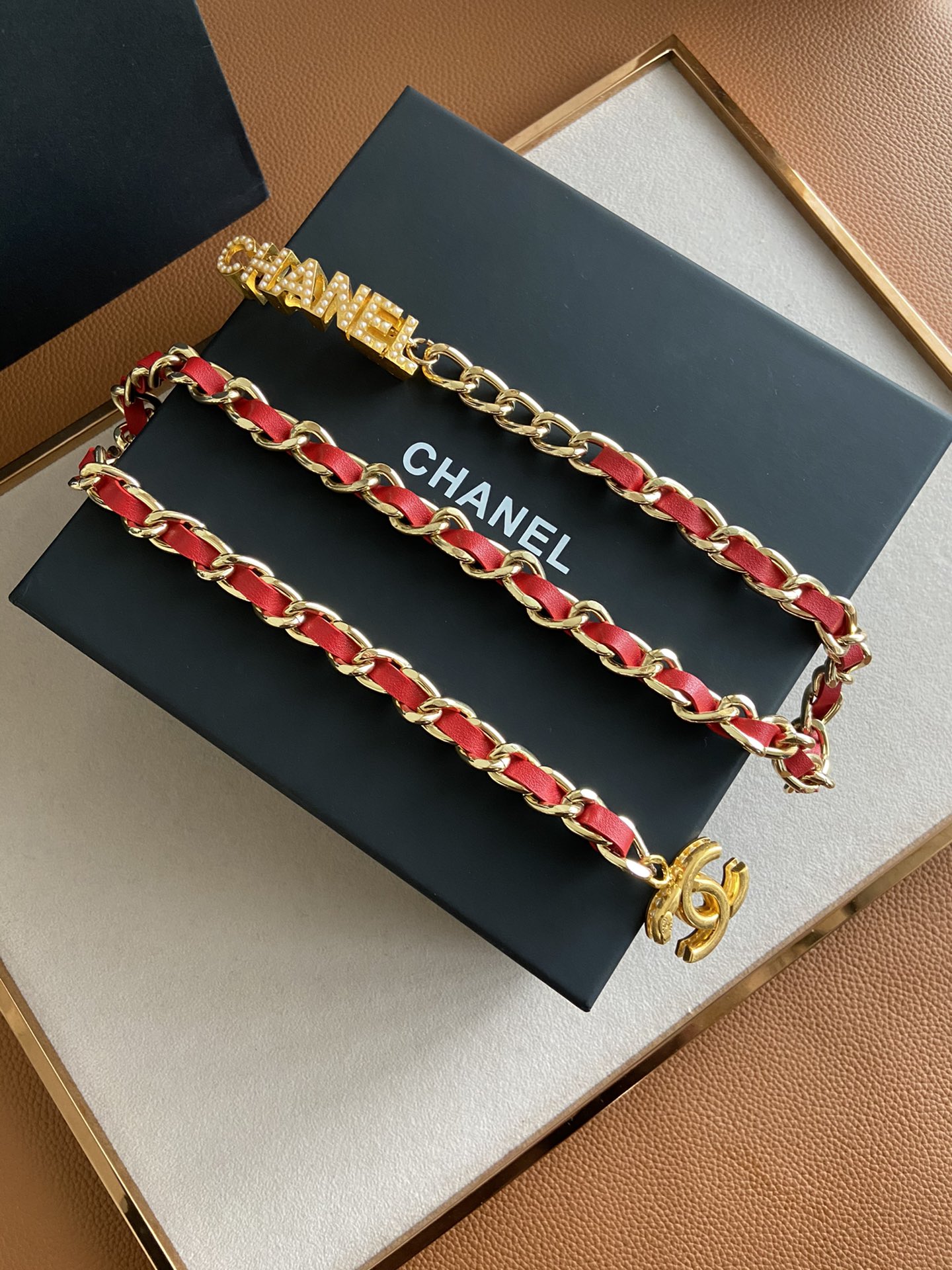 Twinkle CHANEL Letter Red Border Necklace Gold Tone For Women