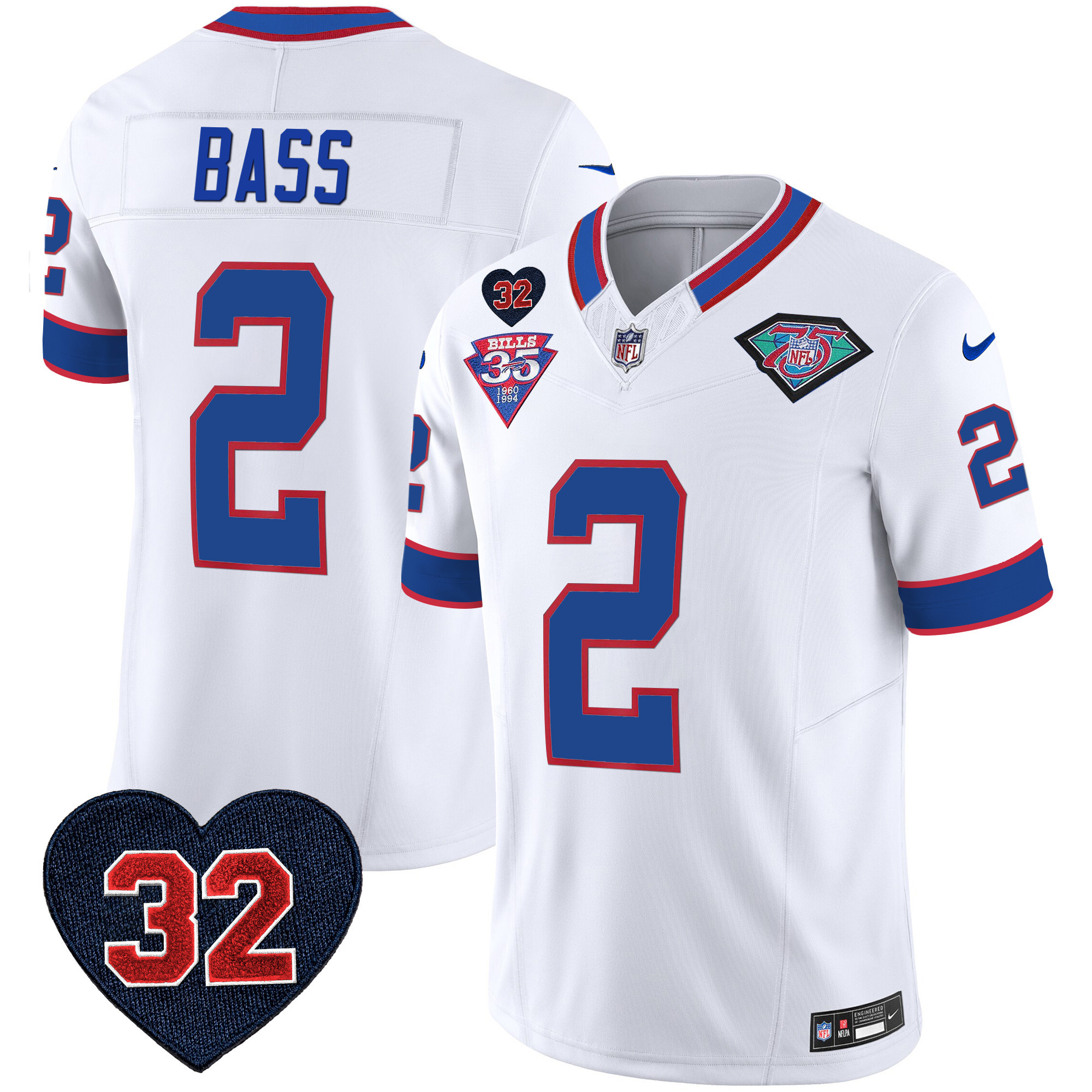Tyler Bass Men's Buffalo Bills 1994 Throwback O.J. Simpson Patch Vapor Limited White Jersey - All Stitched 