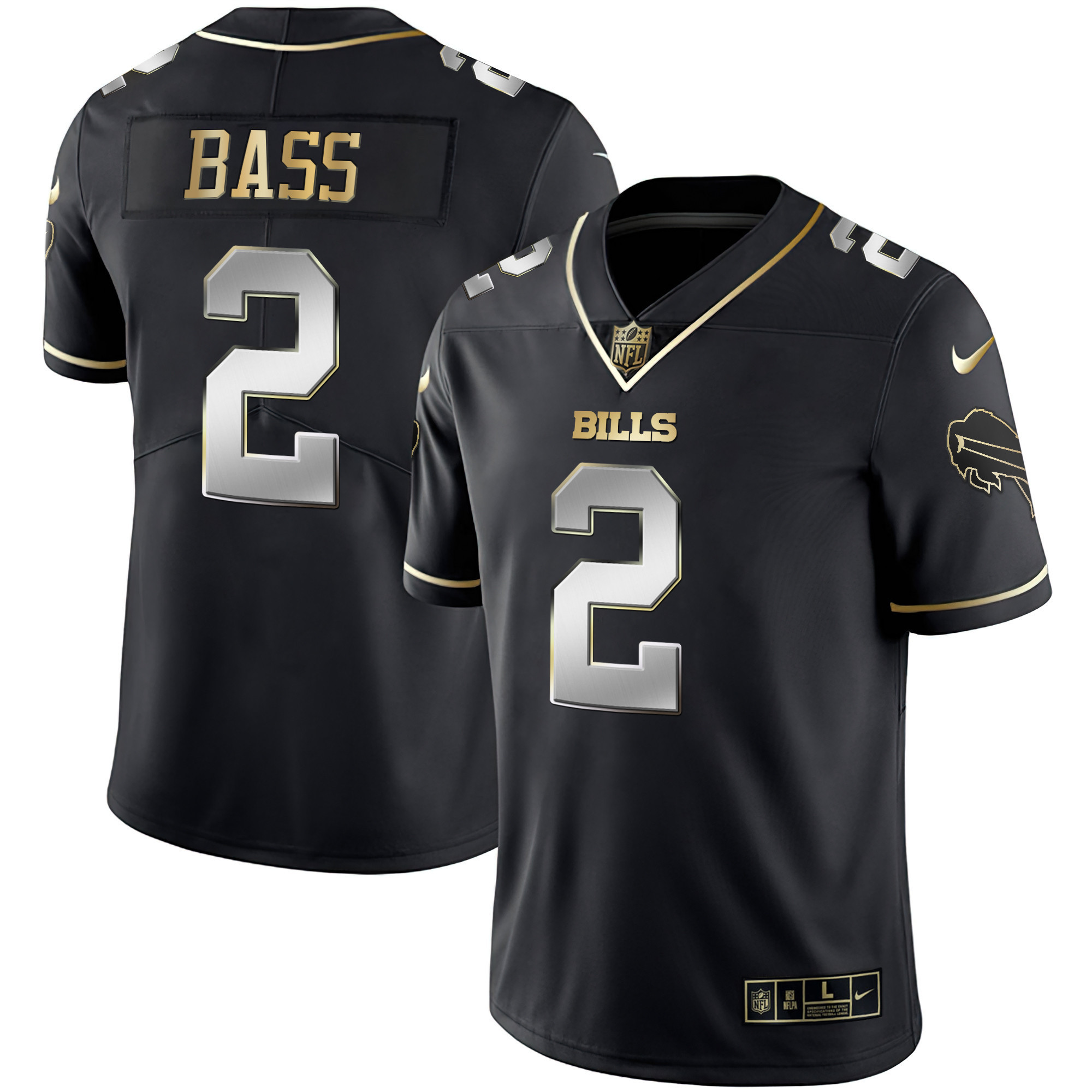 Tyler Bass Men's Buffalo Bills White Gold & Black Gold Black Limited Jersey - All Stitched 