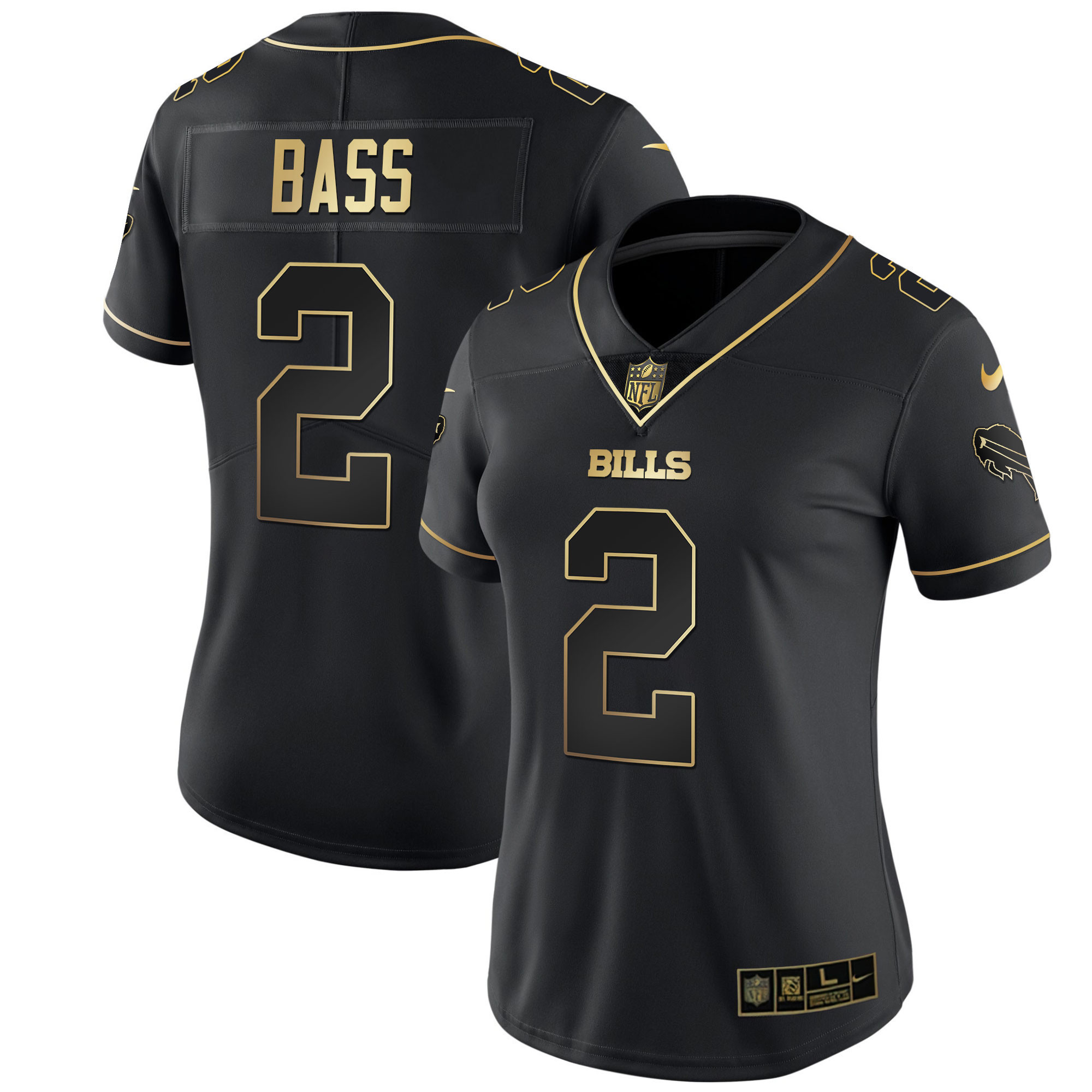 Tyler Bass Women's Buffalo Bills White Gold & Black Gold Black Gold Jersey - All Stitched 