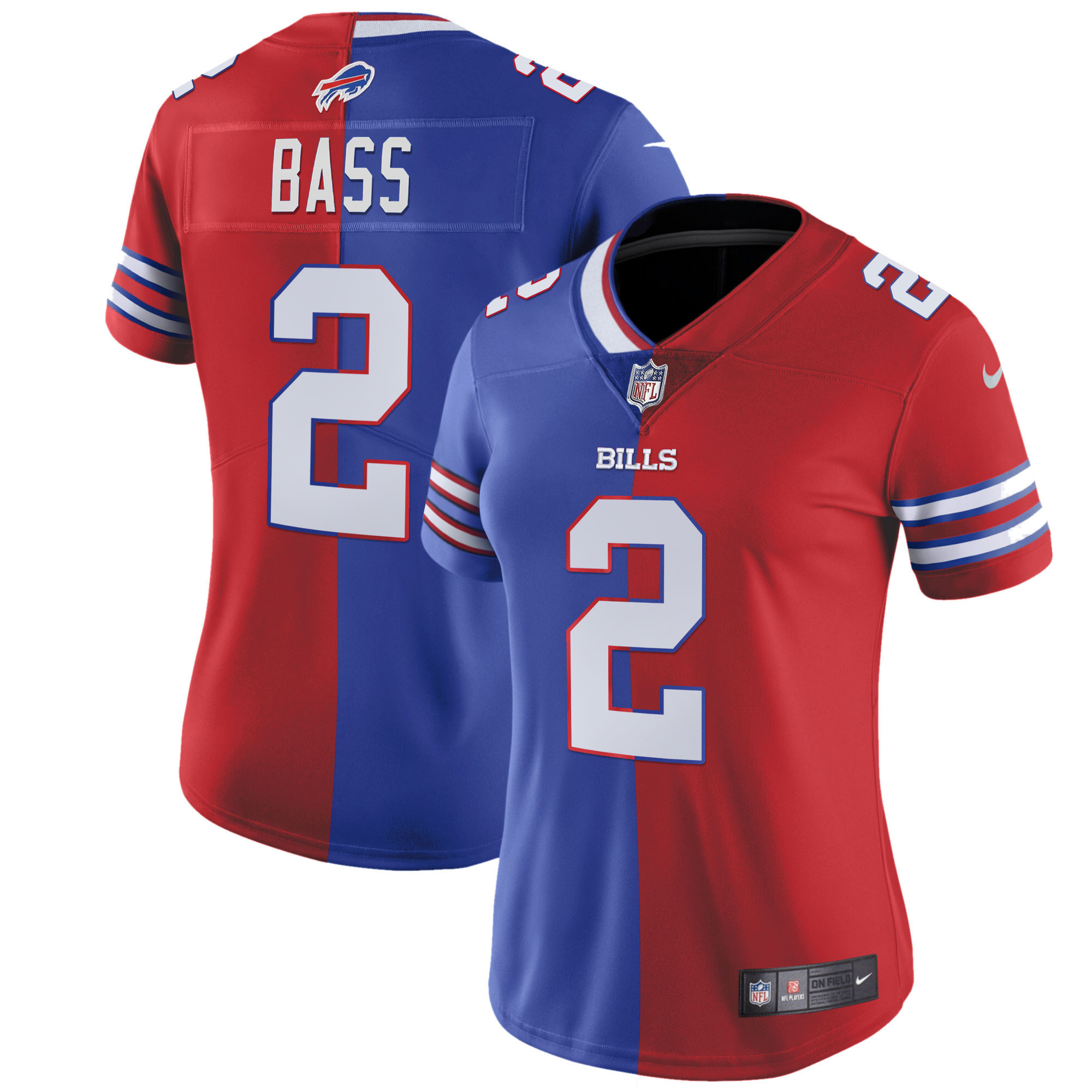 Tyler Bass Women's Buffalo Bills White Gold & Black Gold Split Royal Red Jersey - All Stitched 
