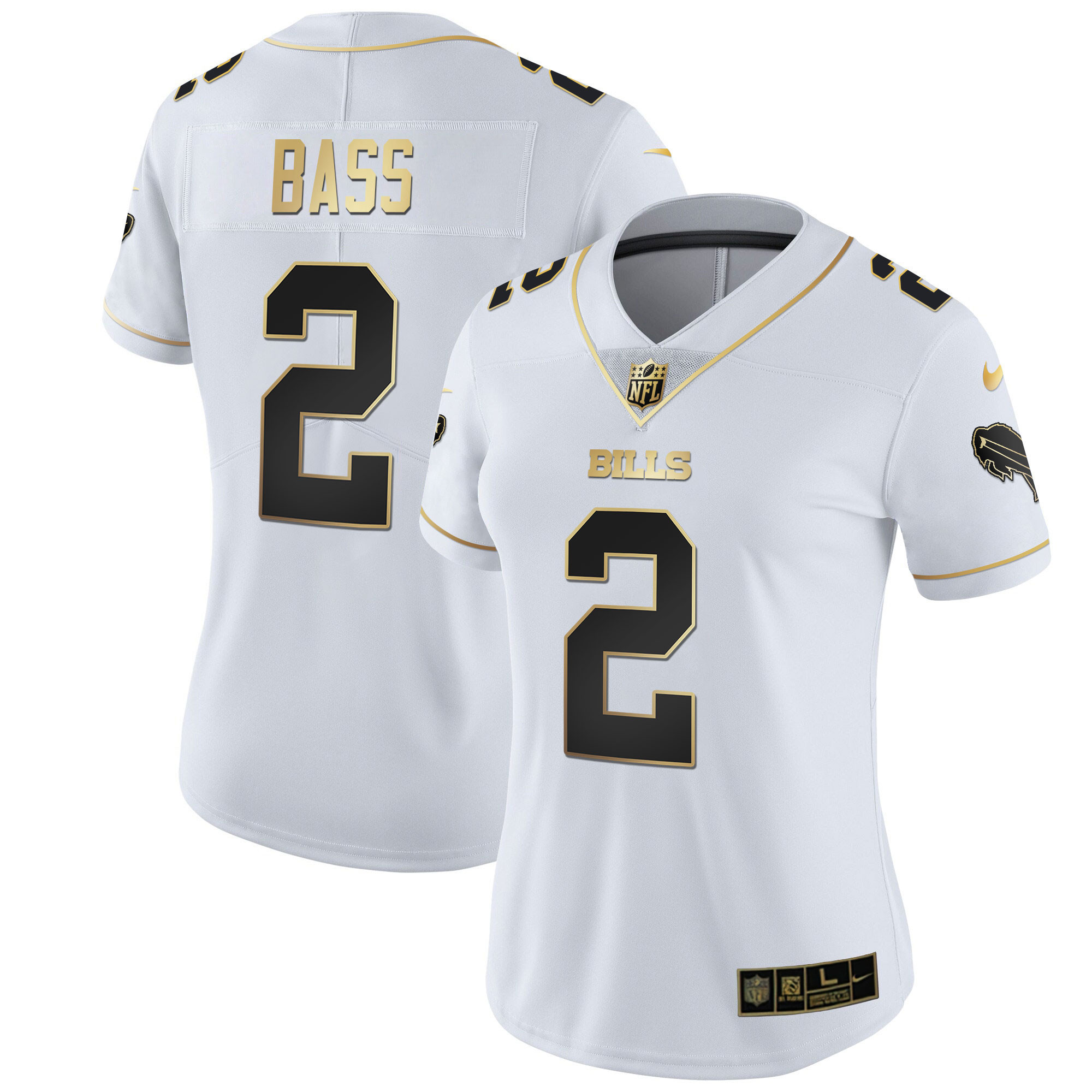 Tyler Bass Women's Buffalo Bills White Gold & Black Gold White Gold Jersey - All Stitched 