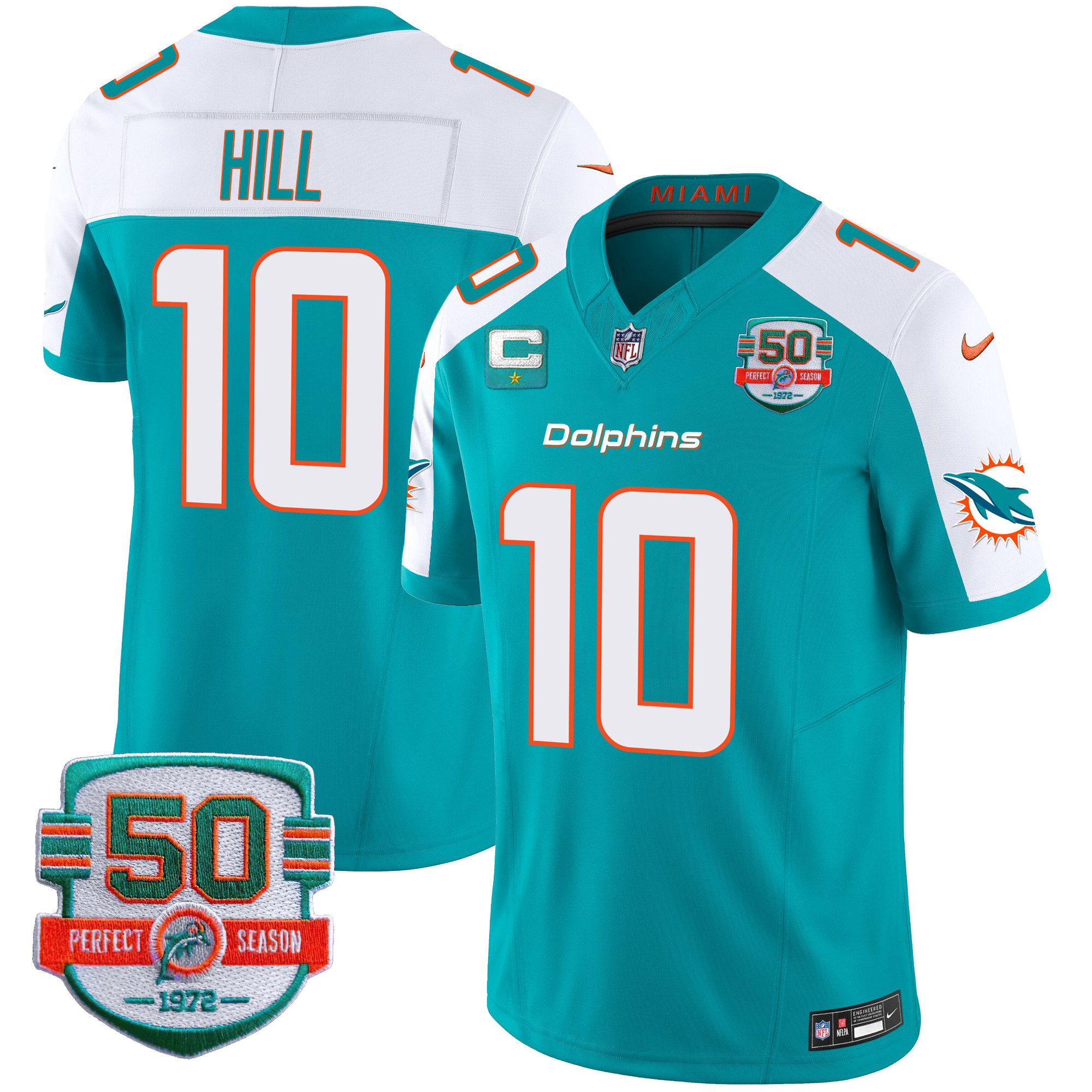 Tyreek Hill Men's Miami Dolphins 50th 1972 Perfect Season Patch Vapor Aqua Alternate Jersey - All Stitched 