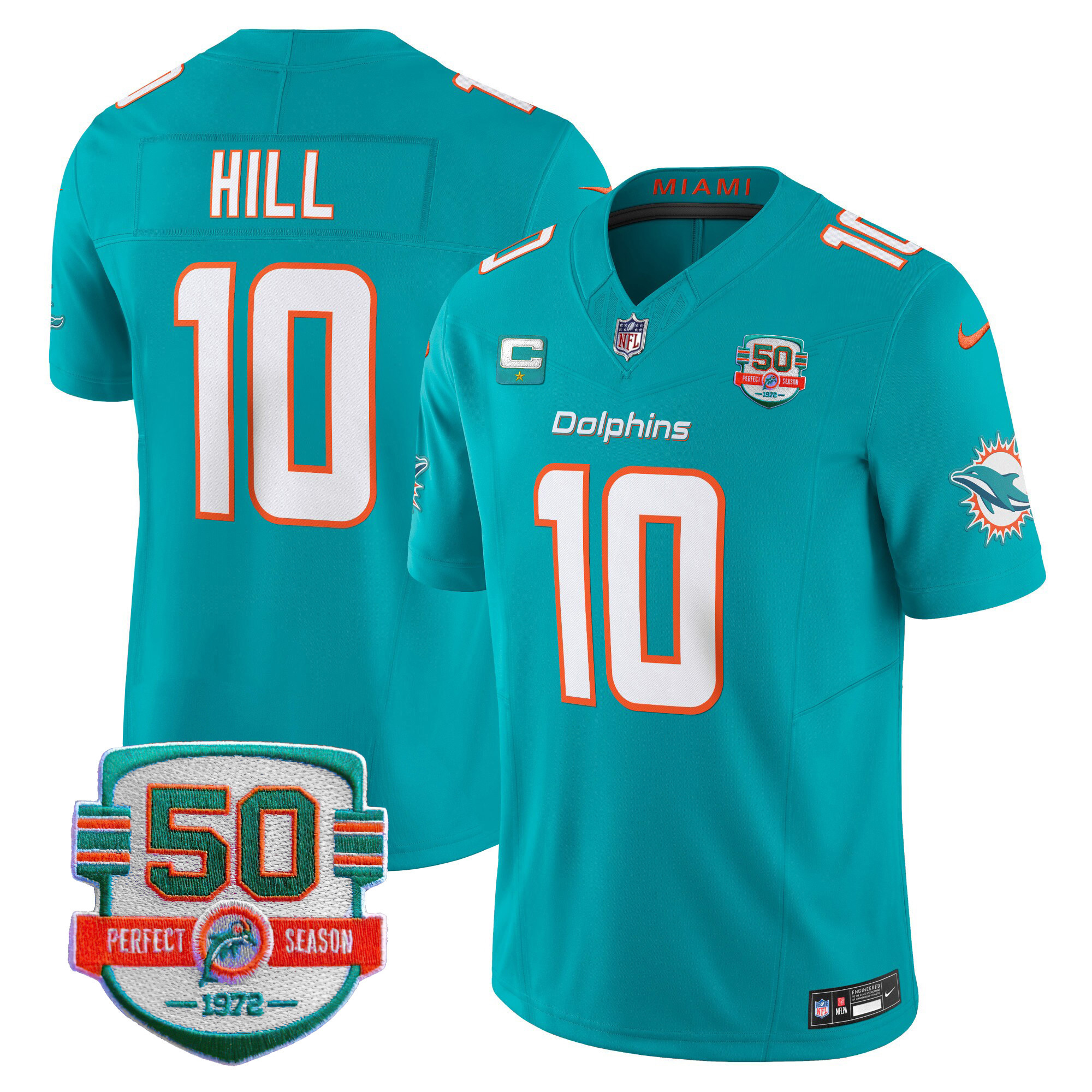Tyreek Hill Men's Miami Dolphins 50th 1972 Perfect Season Patch Vapor Aqua Jersey - All Stitched 