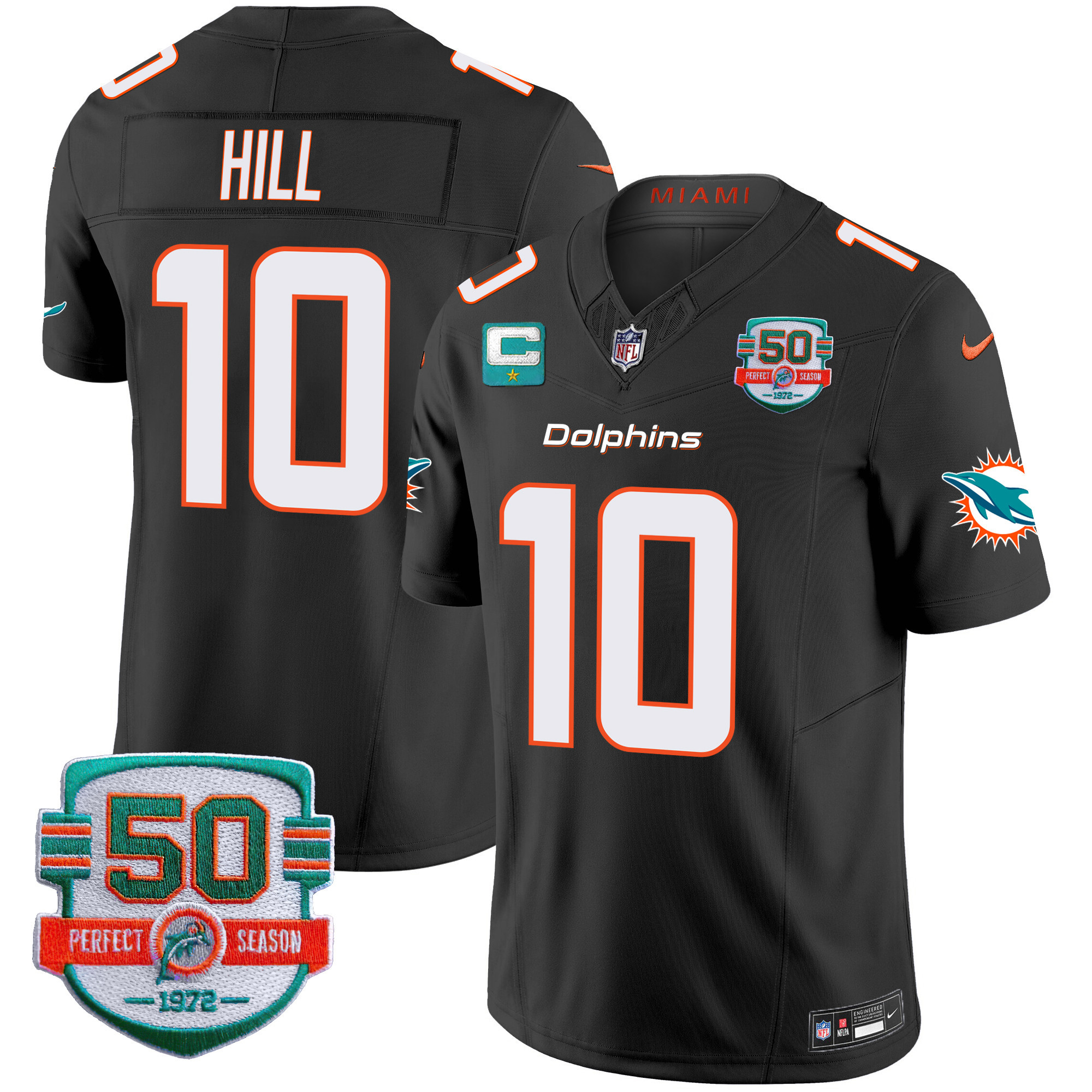 Tyreek Hill Men's Miami Dolphins 50th 1972 Perfect Season Patch Vapor Black Jersey - All Stitched 