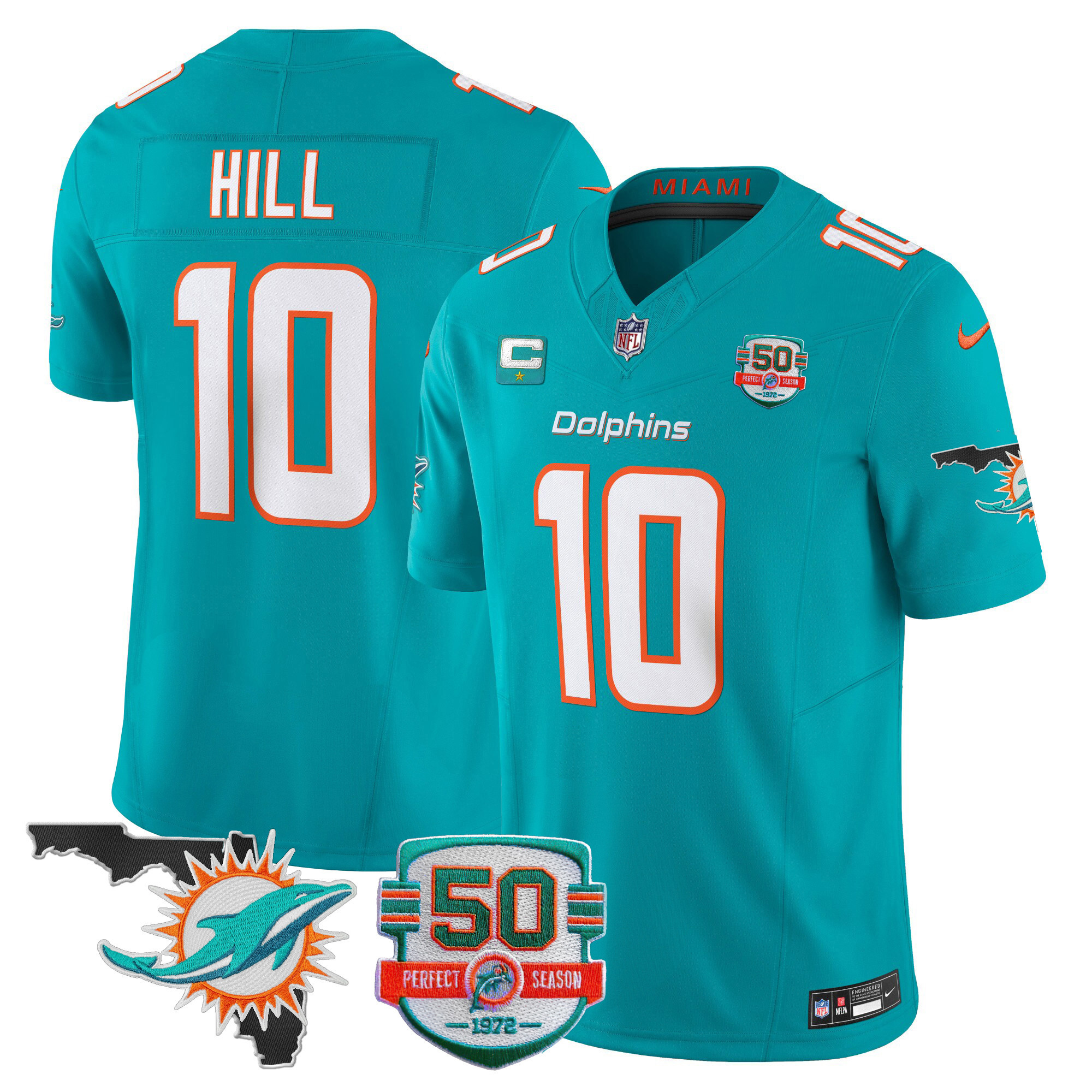 Tyreek Hill Men's Miami Dolphins 50th Perfect Season & Florida Patch Vapor Aqua Jersey - All Stitched 