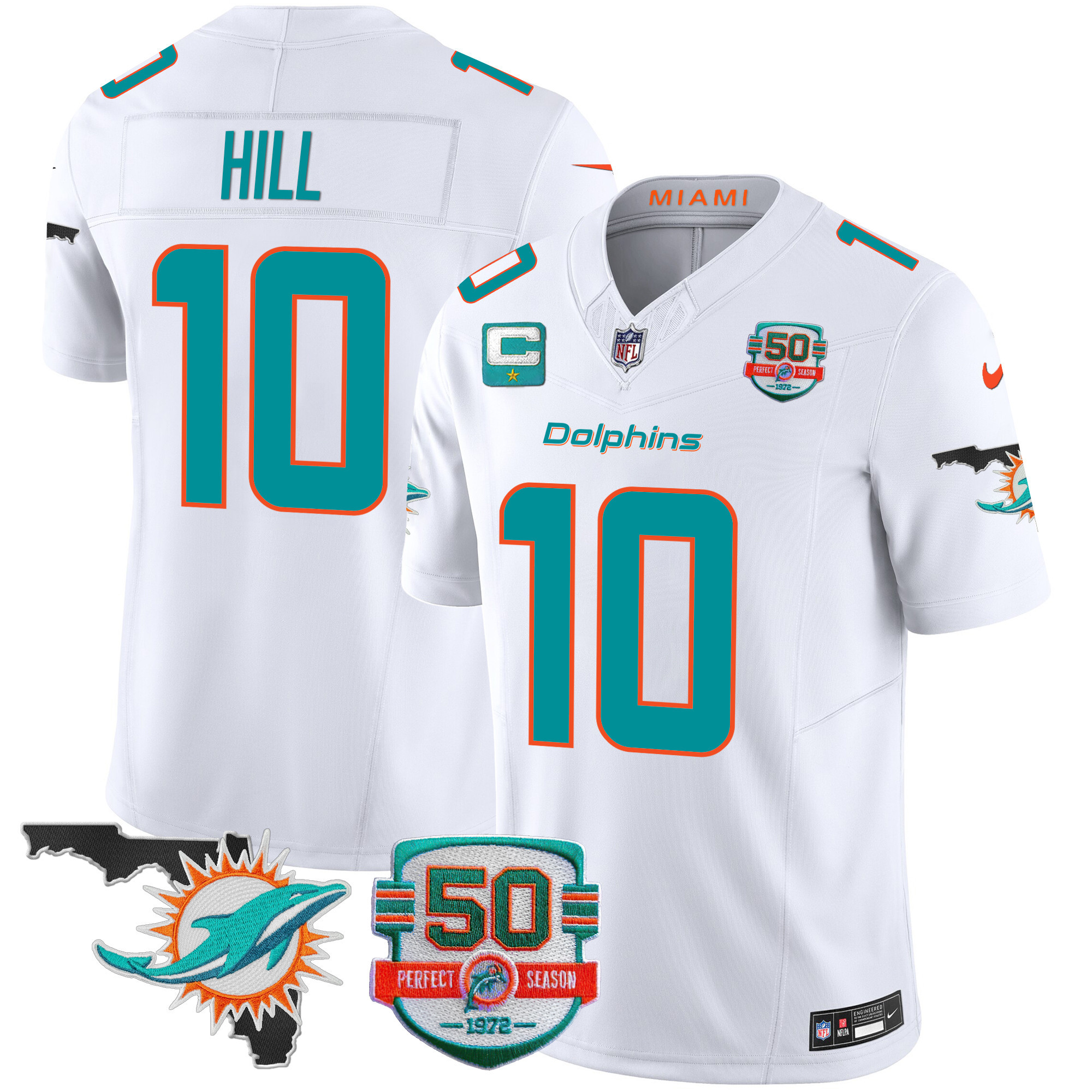 Tyreek Hill Men's Miami Dolphins 50th Perfect Season & Florida Patch Vapor White Jersey - All Stitched 