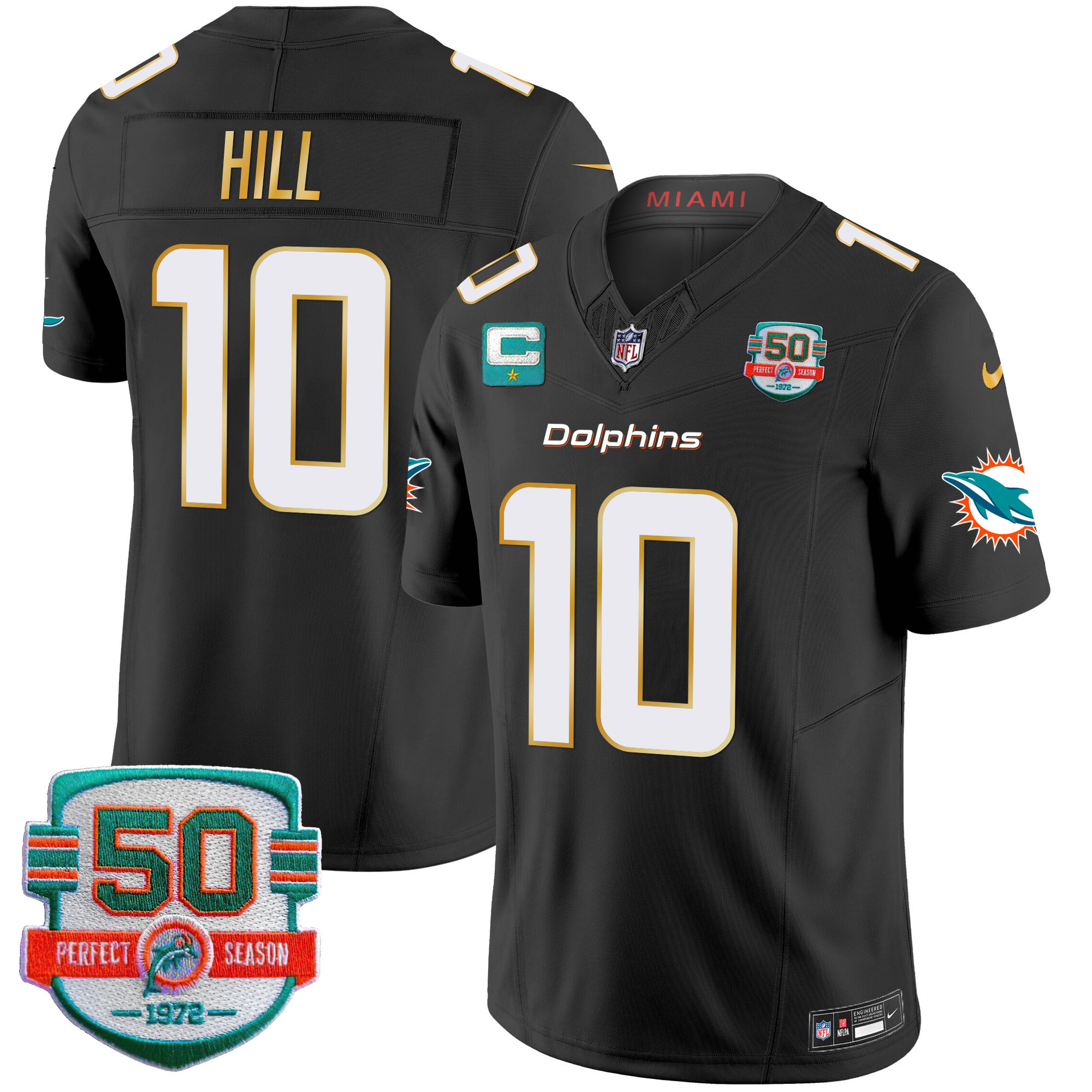 Tyreek Hill Men's Miami Dolphins Gold Trim Vapor Limited Black Jersey - All Stitched 