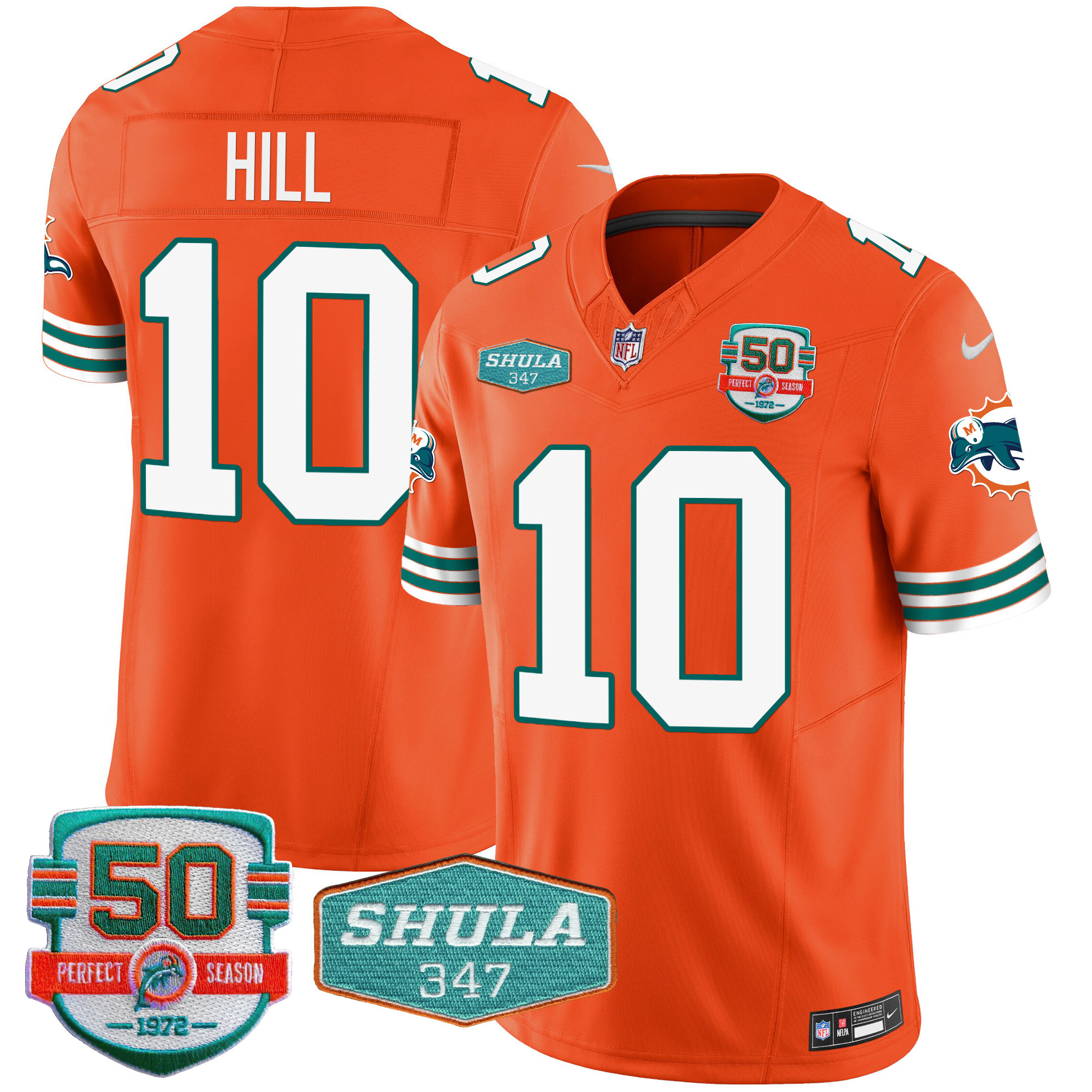 Tyreek Hill Men's Miami Dolphins Throwback Shula 347 Patch Vapor Orange Jersey - All Stitched 