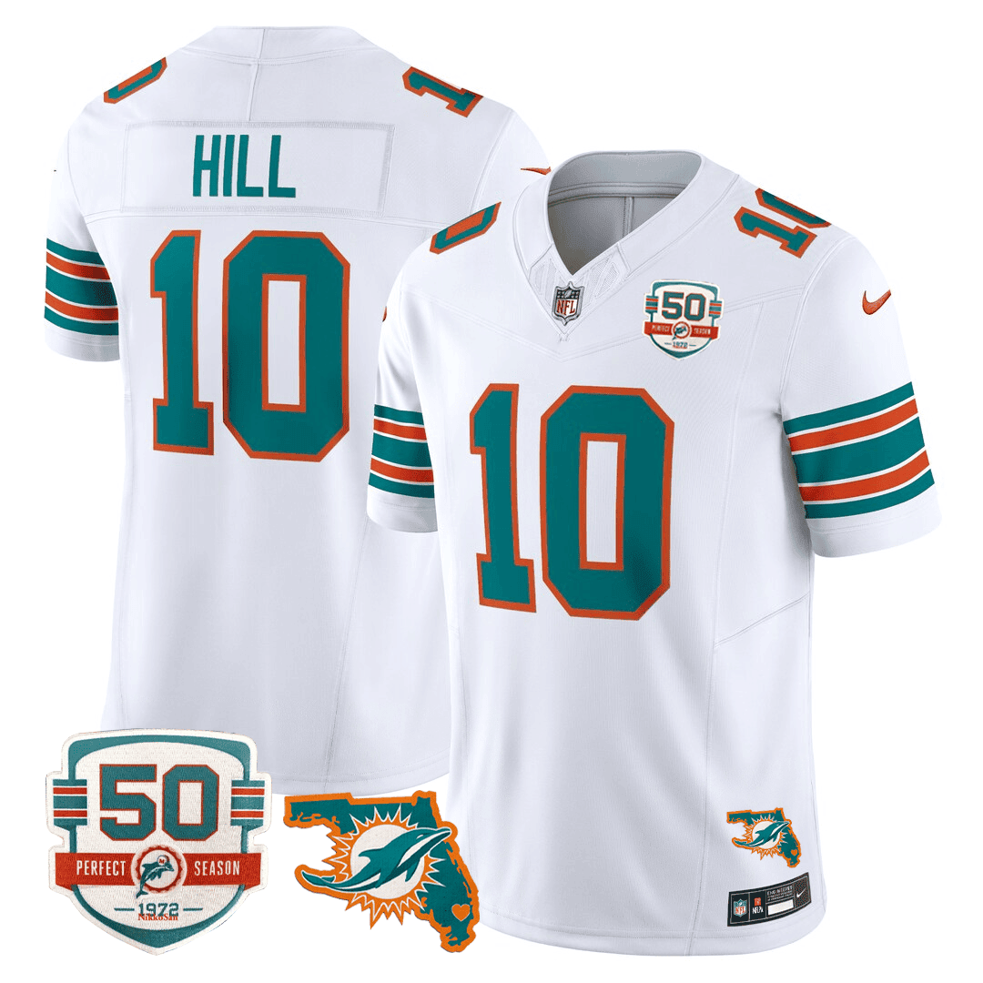 Tyreek Hill Men's Miami DolphinsThrowback 50th Perfect Season & Florida Patch Vapor White Jersey - All Stitched 