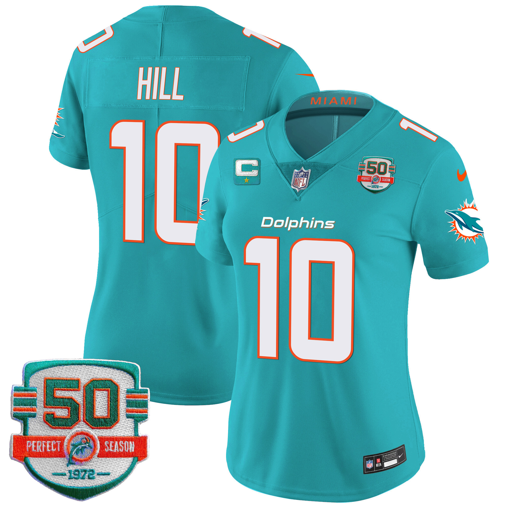 Tyreek Hill Women's Miami Dolphins 50th 1972 Perfect Season Patch Vapor Aqua Jersey - All Stitched 